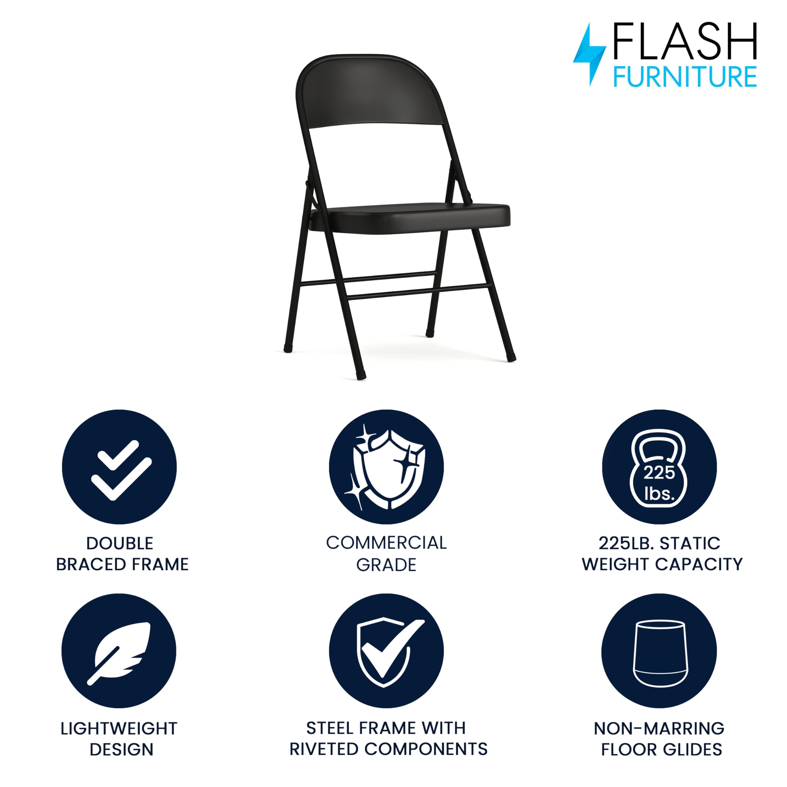 Flash Furniture HERCULES Series Heavy Duty Black Metal Folding Chair - Double Braced for Extra Strength - Perfect for Events, Parties, and Home Use