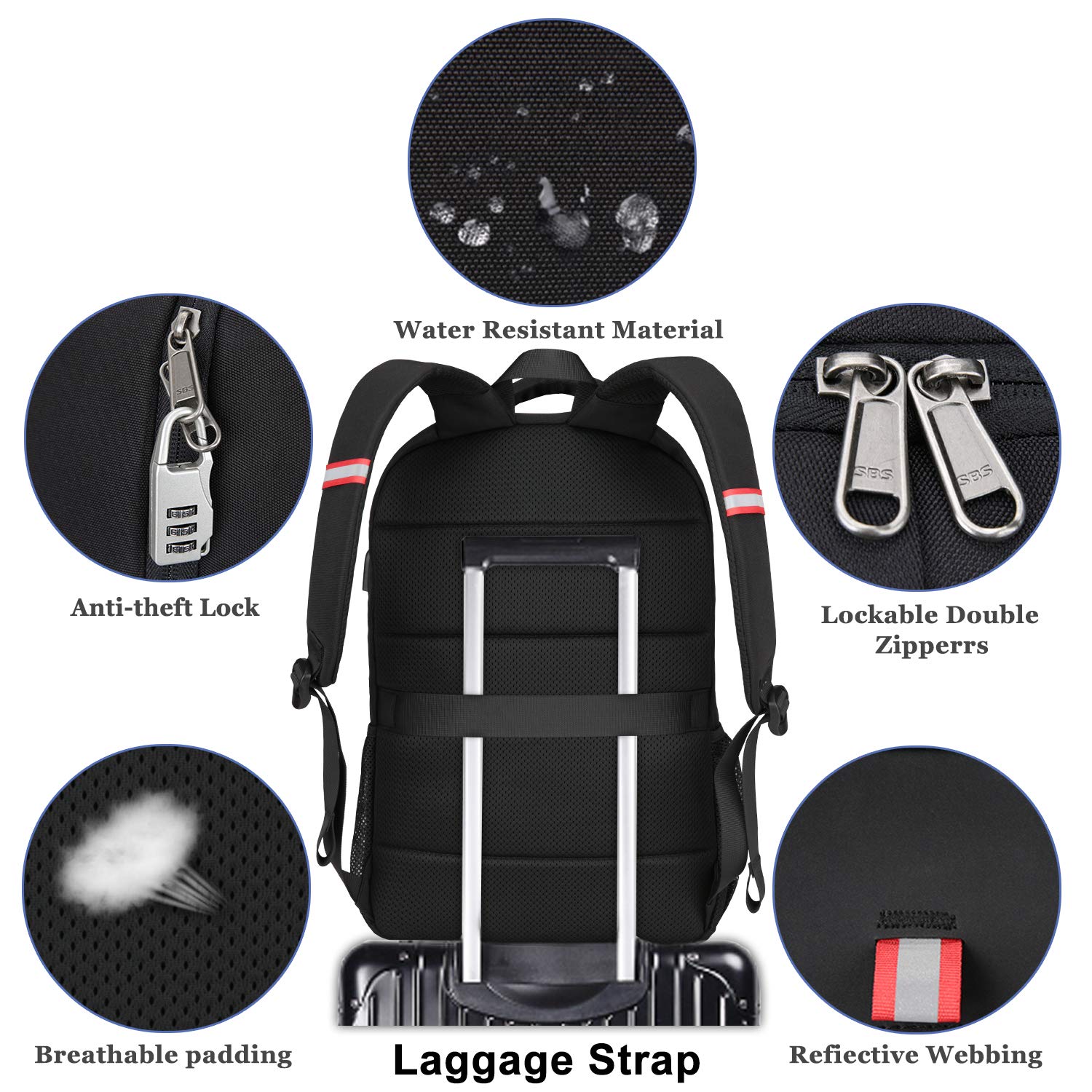 Della Gao Anti Theft Travel Laptop Backpack for Men & Women - USB Charging Port, Water Resistant, Fits 17 Inch Laptop, Large Business Computer Bag - Perfect for Work, School & Travel, Black