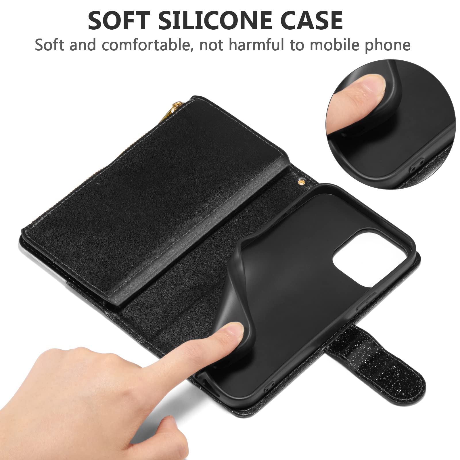 UEEBAI iPhone 13 Pro Max Wallet Case - PU Leather Magnetic Closure with Card Slots, Zipper Pocket, Kickstand & Hand Strap | Stylish Bling Black Flip Cover for Women | Perfect for Shopping, Travel & Everyday Use