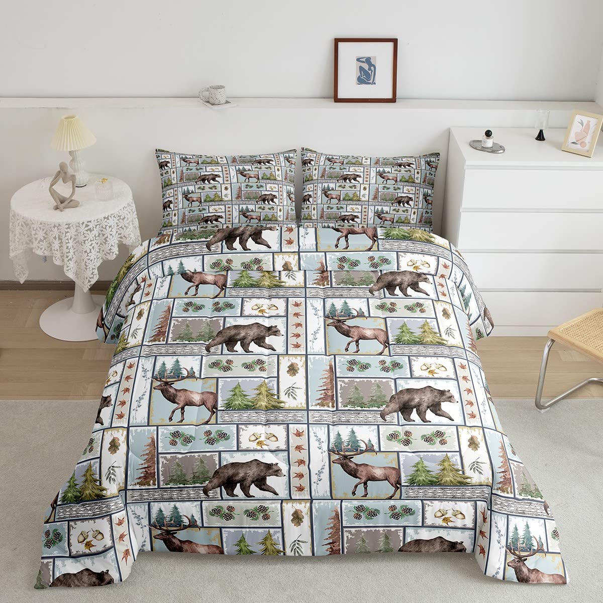 Rustic Farmhouse Style Kids Bedding Set - Vintage Deer & Bear Pattern Comforter, Duvet Cover & Quilt Set - Queen Size Wildlife Theme for Boys & Girls - Perfect for Bedroom Decor & Cozy Camping Adventures