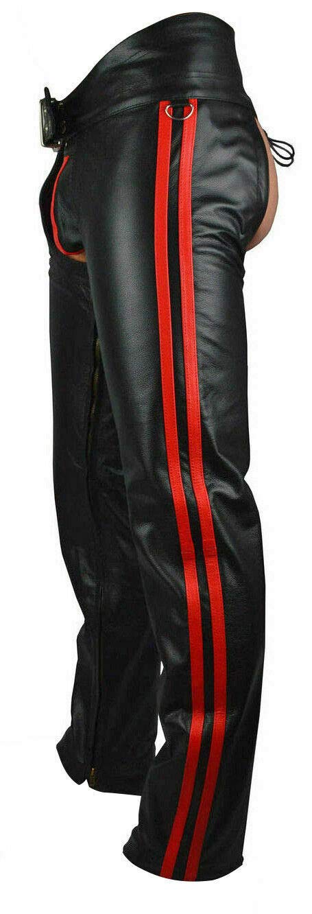 Men's Real Bikers Leather Chaps with Red Stripes - Motorcycle Riding Gear for Harley Davidson & Cruiser Bikes - Perfect for Biker Events, Rallies & Costume Parties
