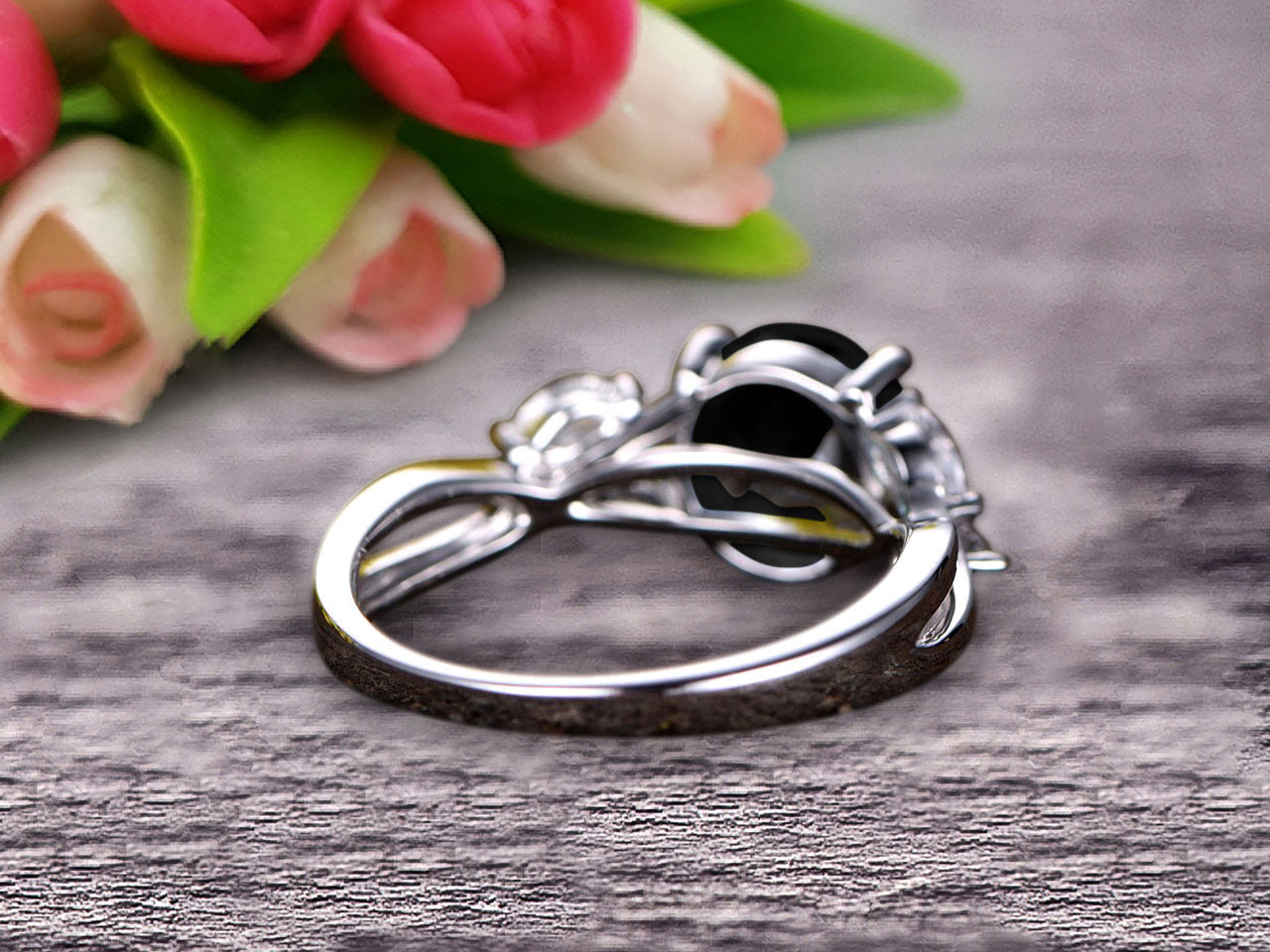 1.25 Carat Round Cut Black Diamond Moissanite Engagement Ring in 10k White Gold - Art Deco Marquise Cut Vintage Wedding Band for Women, Perfect for Proposals, Anniversaries and Special Occasions