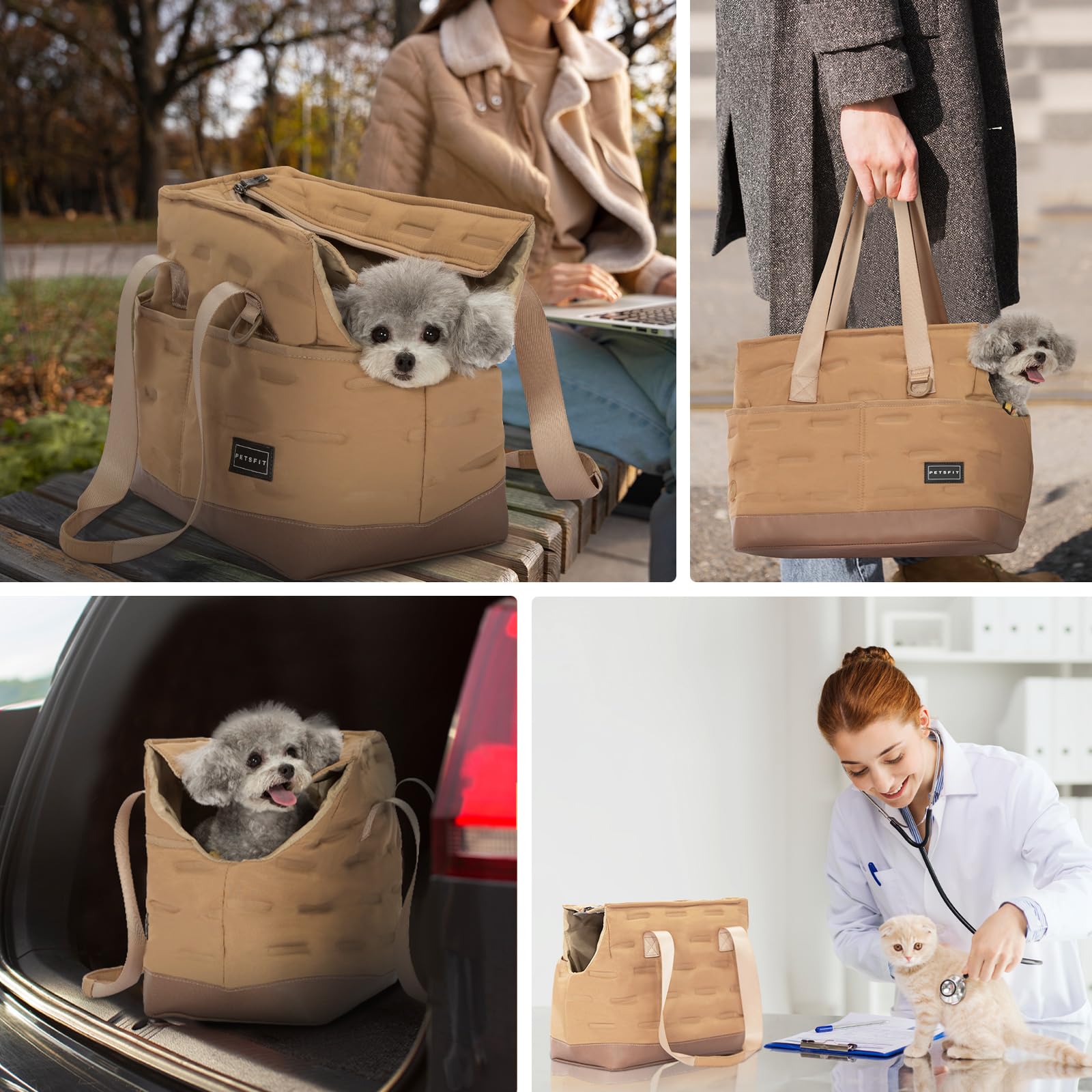 Petsfit Small Dog Carrier Purse - Portable Pet Tote for Cats & Small Dogs with Adjustable Safety Leash, Pockets, Waterproof TPU Bottom & Poop Dispenser - Perfect for Travel, Shopping & Vet Visits (Khaki)