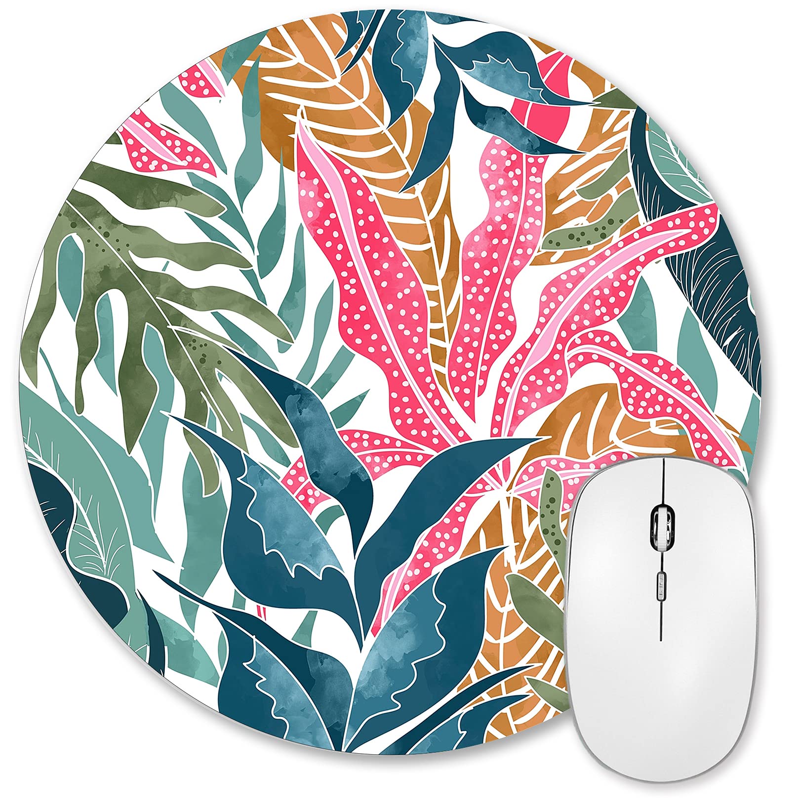 HUOCAIREN Tropical Leaves Mouse Pad - Non-Slip Rubber Base Round Mousepad for Computer & Laptop (7.9x7.9 Inch) - Pink & Blue Nature Design - Perfect for Office, Gaming & Home Workspace Decor