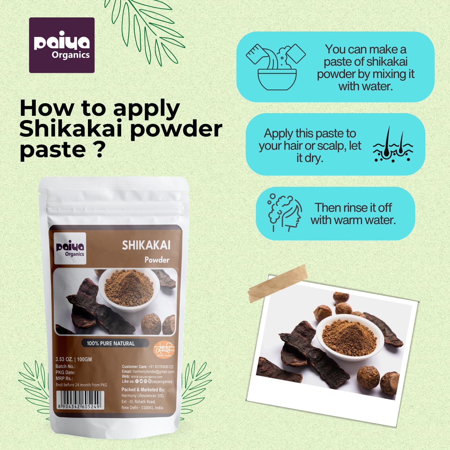 Paiya Organics 100% Pure Natural Shikakai Powder for Hair Growth - 100GM Acacia Concina Hair Cleanser & Conditioner | Ayurvedic Treatment for Strong, Shiny Hair | Perfect for Natural Hair Care Routine & DIY Beauty Treatments