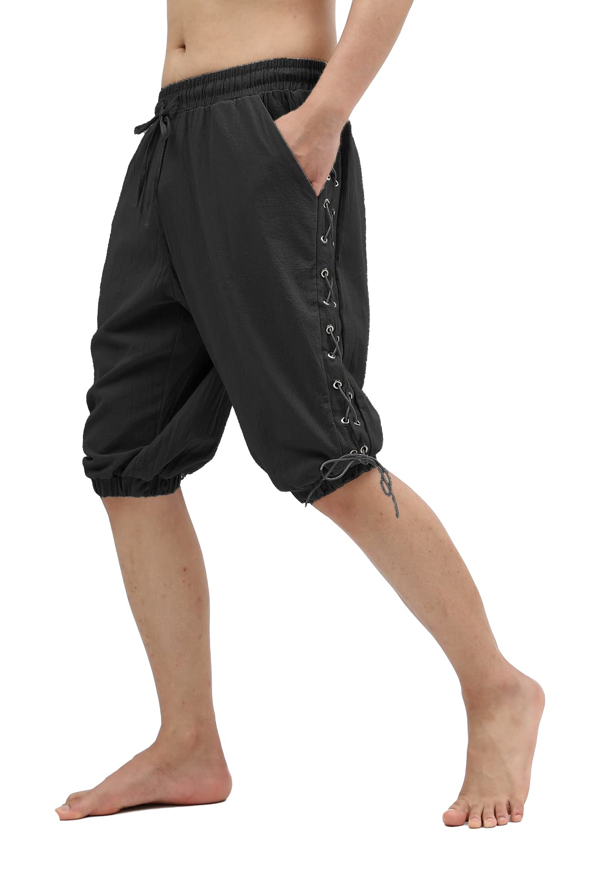 Men's Pirate Shorts - Medieval Viking Navigator Renaissance Banded Pants - Gothic Linen Costume Shorts for Cosplay, LARP, Halloween & Historical Reenactment