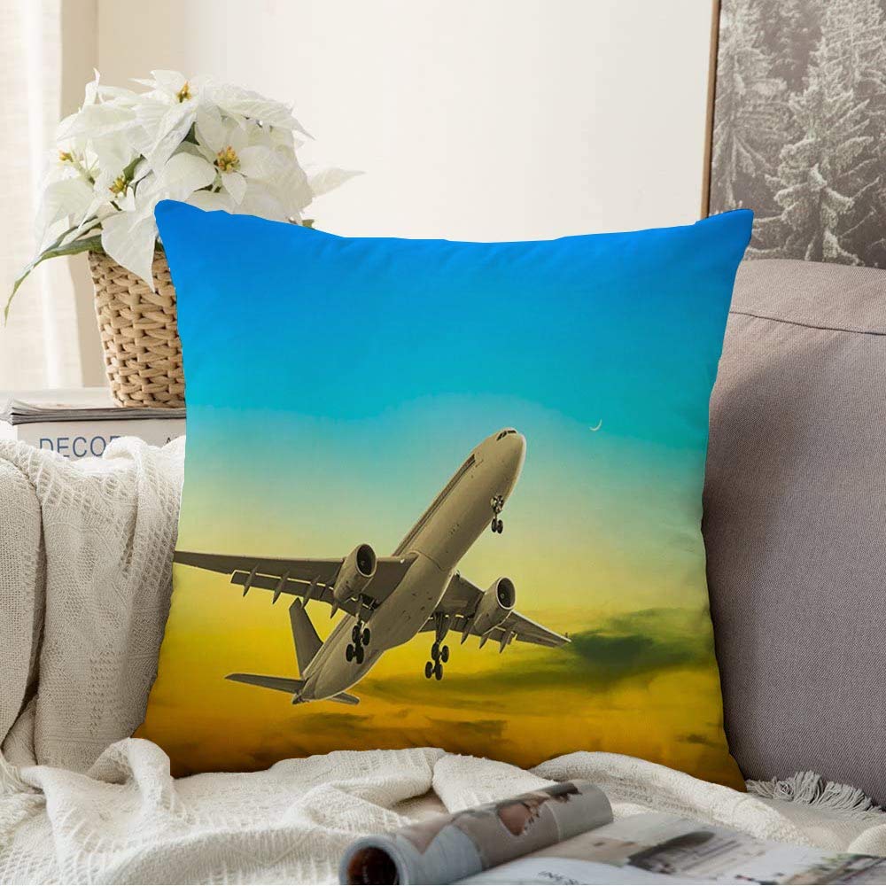 Soft Yellow Cloud Sunset Decorative Throw Pillow Cover - 16x16 Inch for Couch, Bed & Sofa - Nature Inspired Airplane Transportation Design - Perfect for Living Room, Nursery & Home Decor