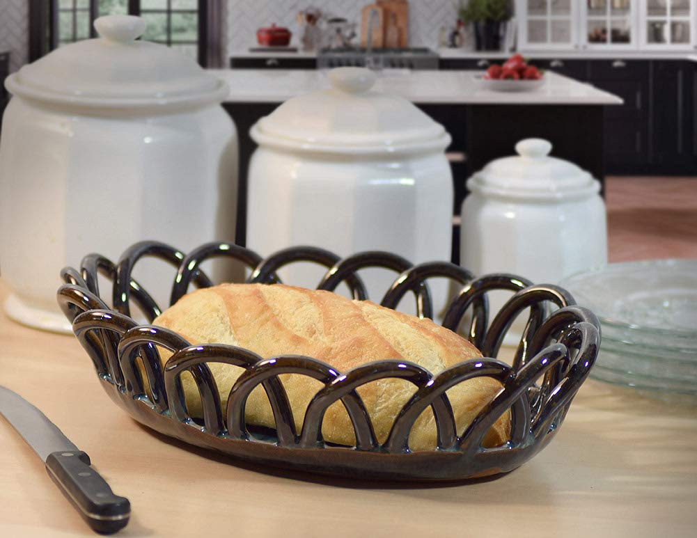 Handmade Stoneware Bread Basket - Midnight Blue Woven Pottery for Rustic Kitchen & Farmhouse Dining | Perfect for Bread, Fruits, and Home Decor