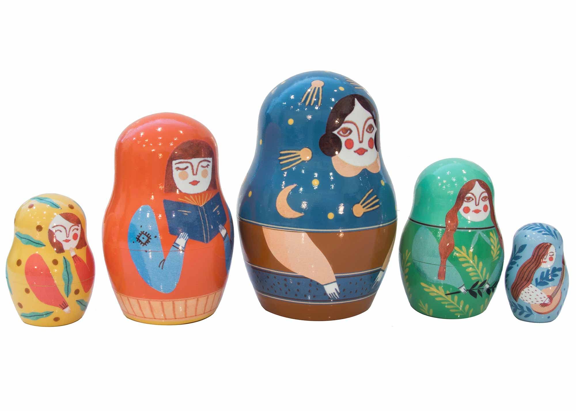 Golden Cockerel Five Sisters Russian Nesting Dolls 5-Piece Set (5 Inches) - Traditional Matryoshka Babushka Dolls Inspired by The Book Five Sisters - Perfect for Home Decor, Gift Giving, and Cultural Collectibles