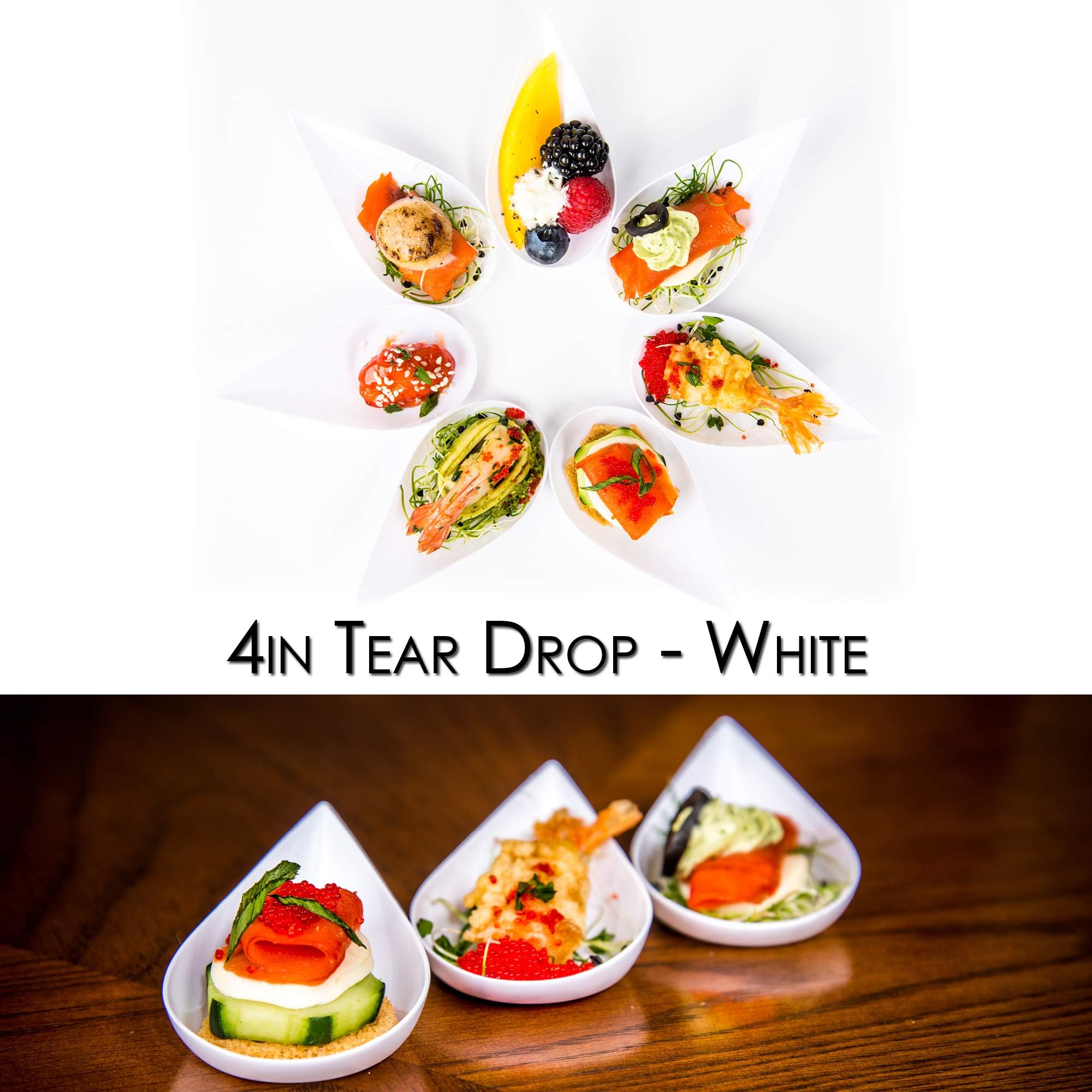 DLux 100 4-in-1 Mini Appetizer Plates with Reusable White Plastic Spoons - Elegant Dessert and Appetizer Serving Set for Parties, Catering, and Tea Time - Includes Free Recipe Ebook - Perfect for Asian Cuisine, Small Bites, and Tasting Events