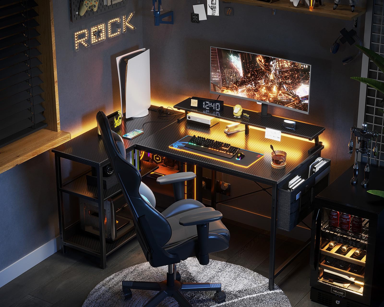 ODK 48 Inch L-Shaped Gaming Desk with USB Charging Ports, LED Lights & Power Outlets - Reversible Corner Computer Desk with Storage Shelves & Monitor Stand (Black) - Perfect for Gamers, Streamers & Home Office Setup