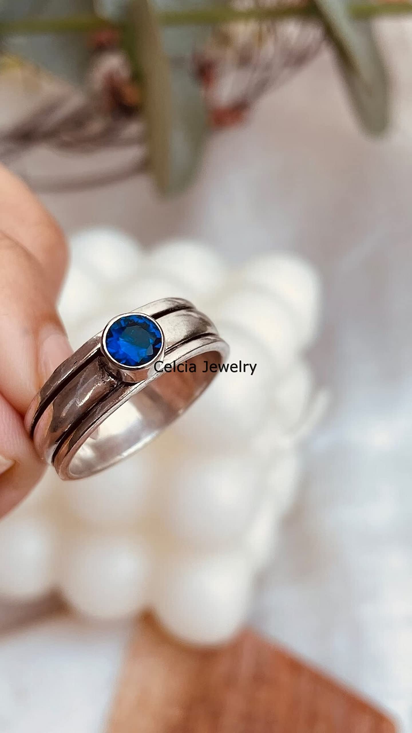Natural Blue Sapphire Spinner Ring - September Birthstone Jewelry for Women & Men, Fidget Anxiety Relief Ring, Meditation & Stress Relief Spinning Ring, Elegant & Delicate Design (US Size 7) - Perfect Gift for Birthday, Anniversary & Relaxation Therapy