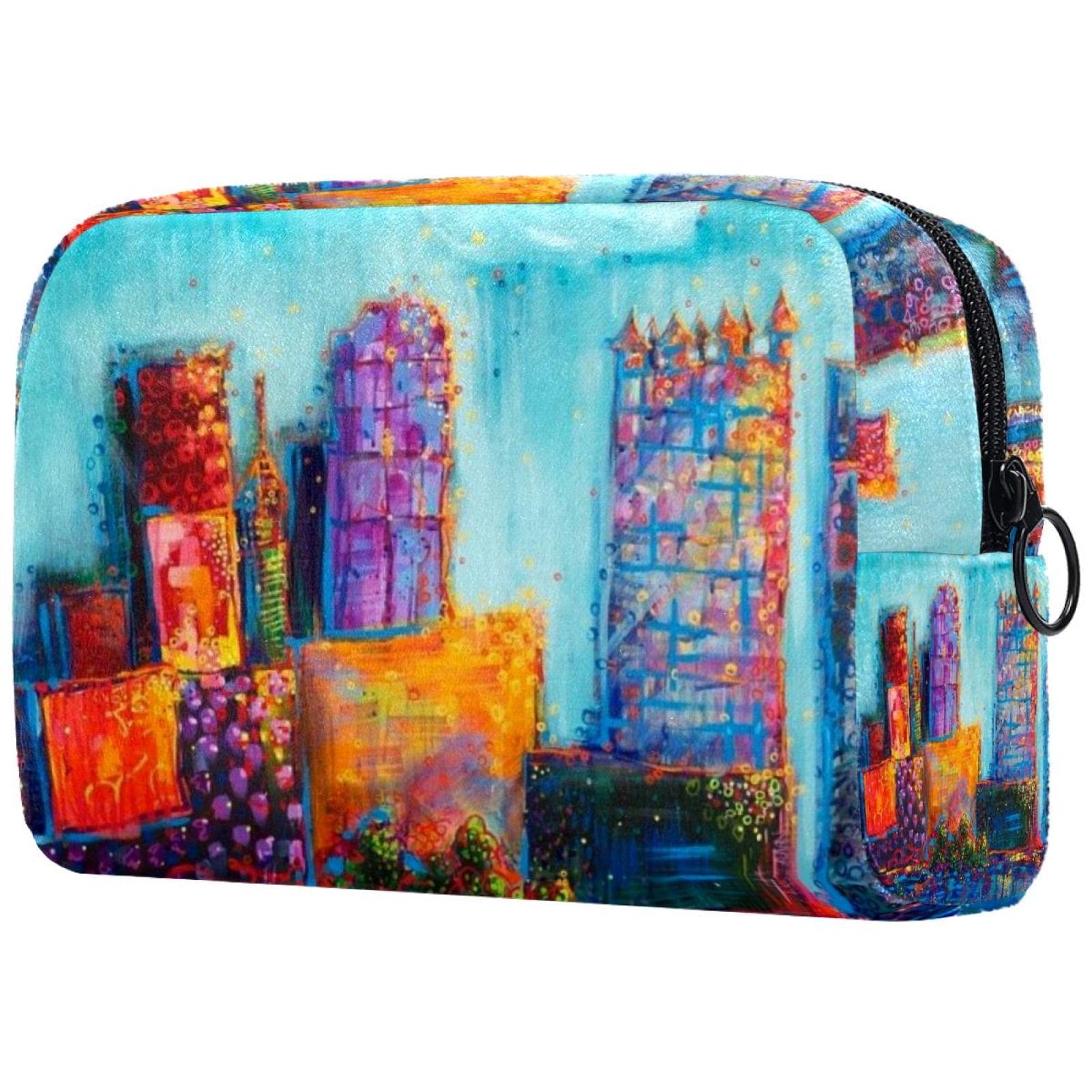 Professional Travel Makeup Bag with Brush Holder - Waterproof Cosmetic Organizer for Women, Portable Makeup Case for Daily Use & Travel Storage (Oil Painting City Design)