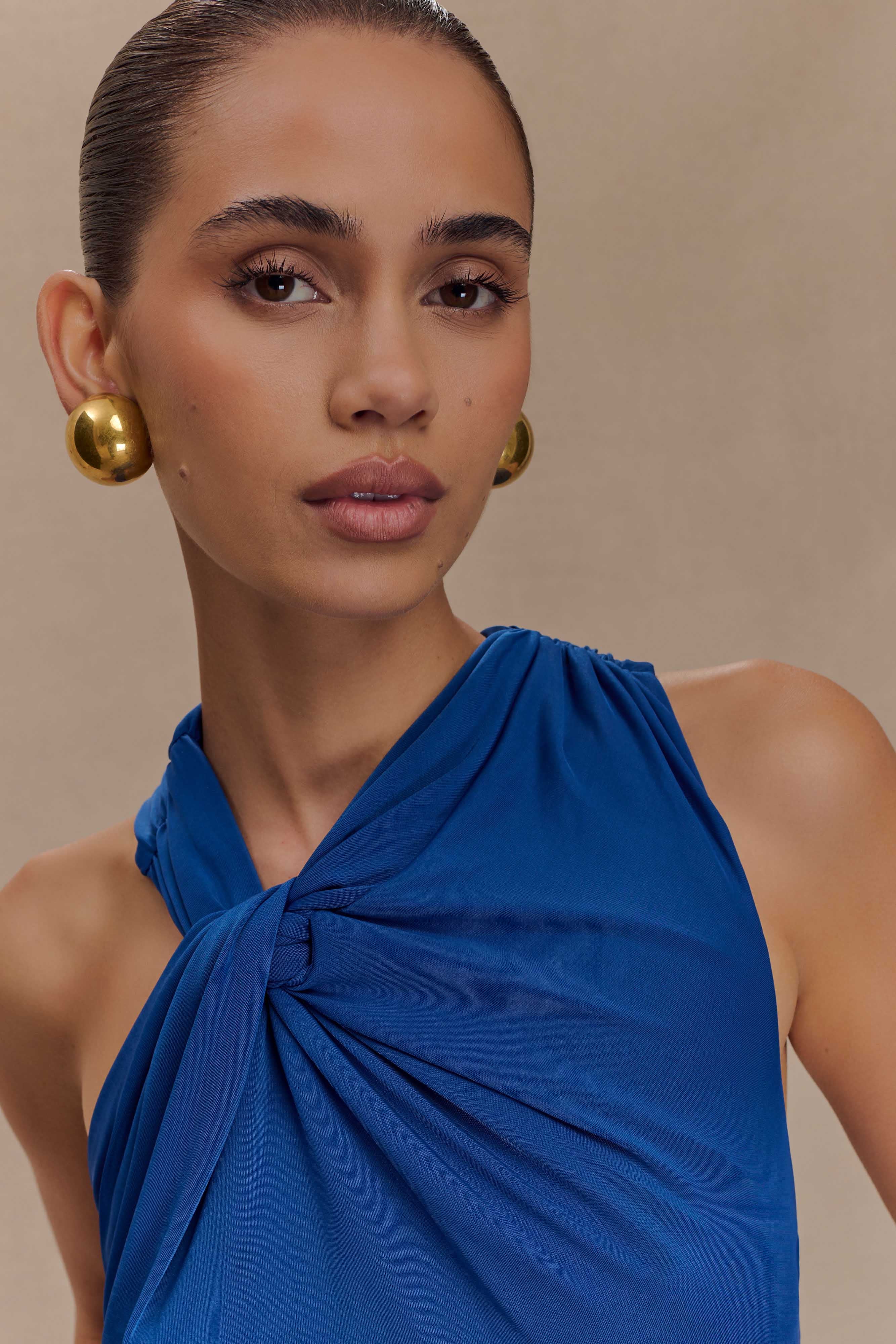Marlee Asymmetrical Slinky Maxi Dress in Cobalt Blue - Elegant Women's Evening Gown for Cocktail Parties, Date Nights & Special Occasions