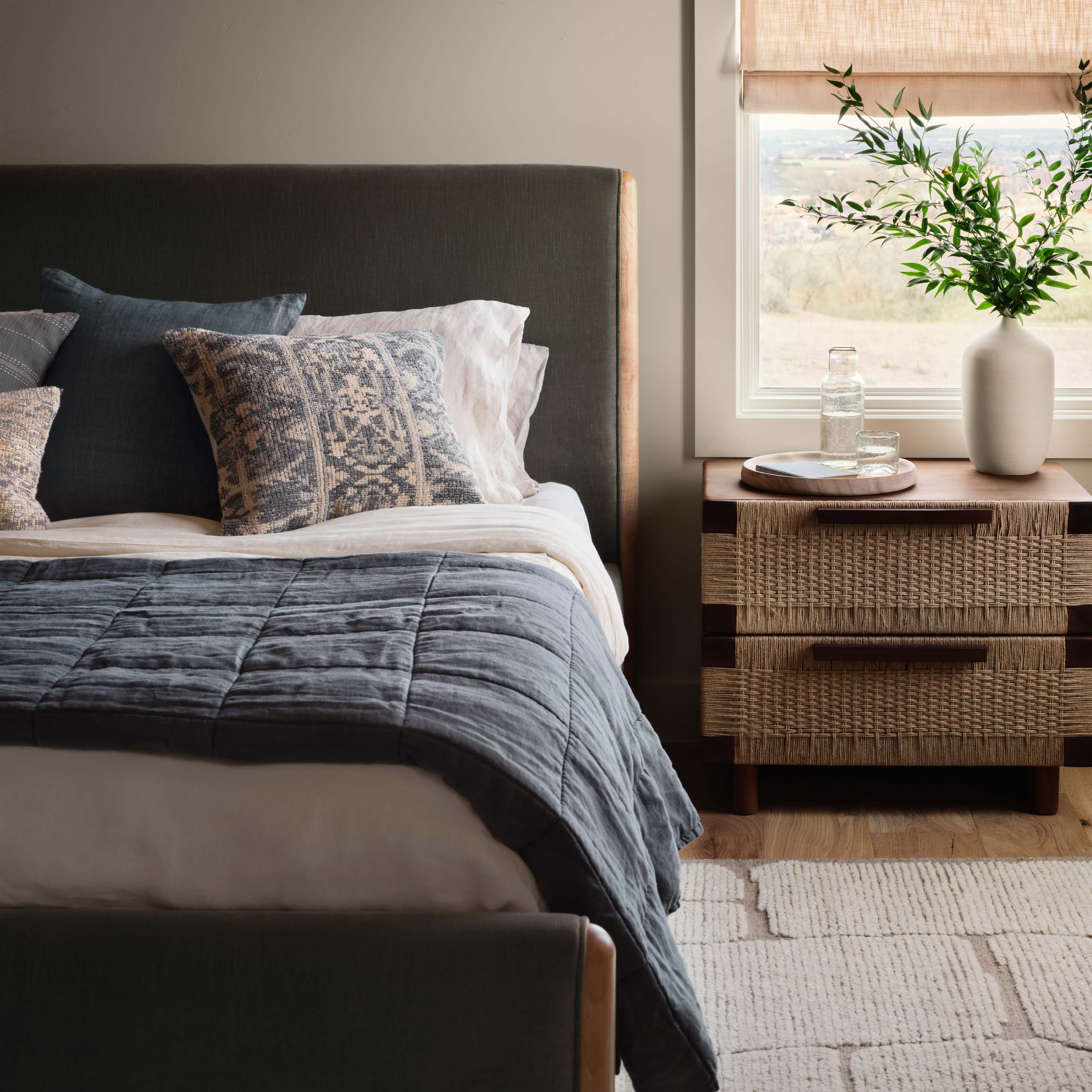 Modern Woven Nightstand with Storage Shelf - Handcrafted Rattan Bedside Table for Bedroom, Living Room & Dorm - Stylish Small End Table with Open Shelf Design