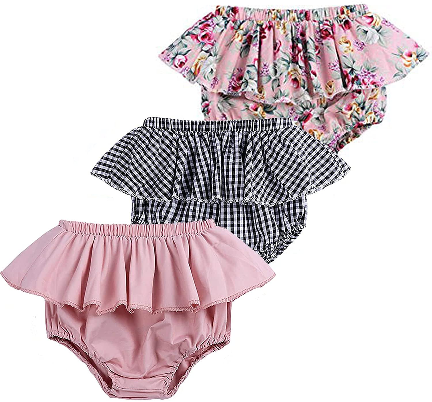 3 Pack Baby Girls & Boys Bloomers Shorts - Newborn Toddler Cotton Linen Blend Ruffle Harem Pants | Cute Floral Design for Playtime & Photo Shoots