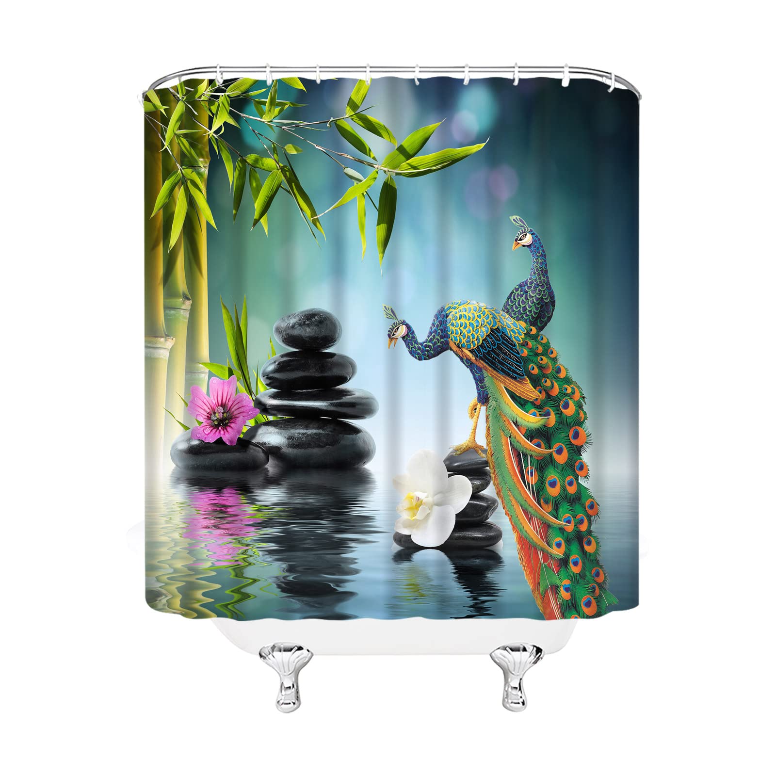 Zen Garden Shower Curtain - Peacock Green Bamboo Leaf with Purple & White Flowers - Black Stone Water Landscape Spa Theme - 60 x 70 Inch Bathroom Decor Set with Hooks | Perfect for Relaxing Spa Bathrooms, Meditation Spaces & Asian-Inspired Home Decor