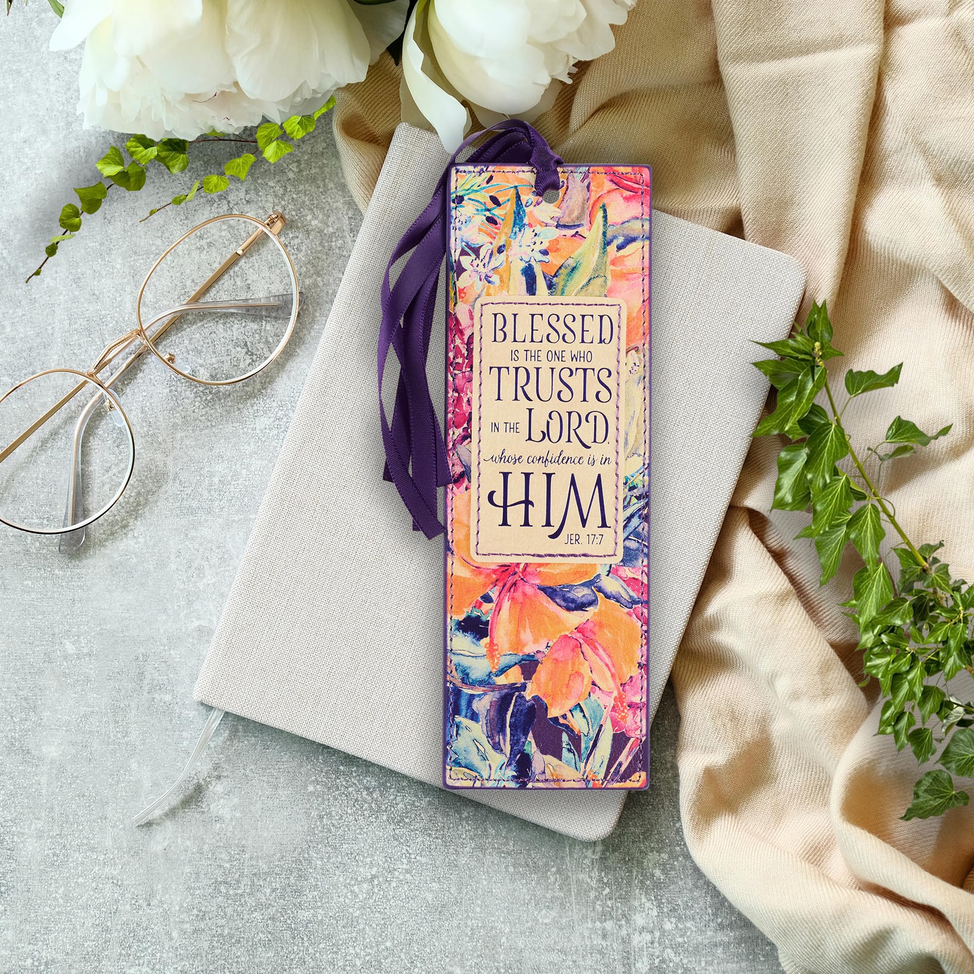 Premium Vegan Faux Leather Scripture Bookmark for Women - Blessed Is The One Jeremiah 17:7, Inspirational Bible Verse Book Accessory with Tassel, Purple Floral Design - Perfect for Bible Study, Journaling & Gift Giving