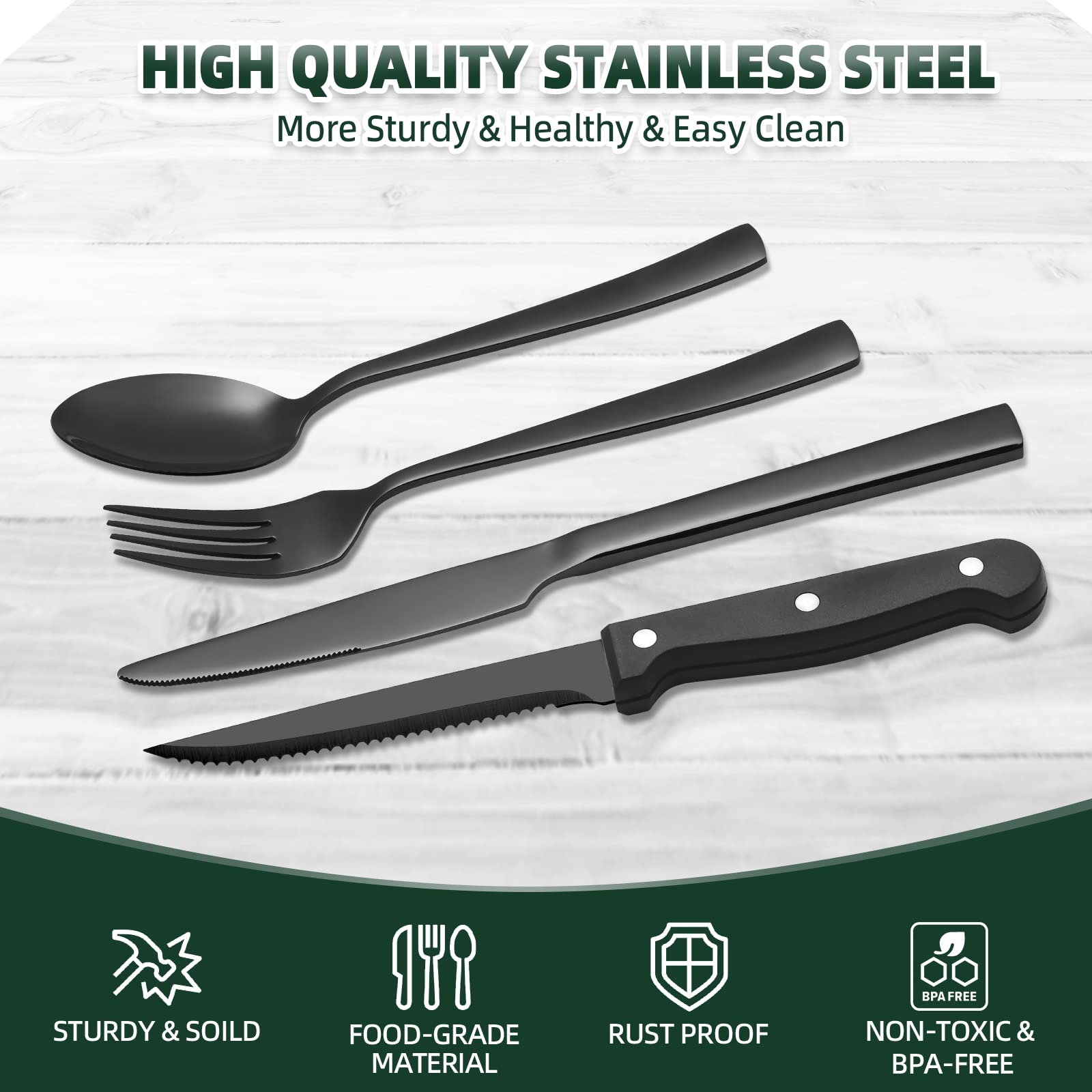 72-Piece Stainless Steel Flatware Set - Premium Black Silverware for Home & Restaurant Use, Heavy Duty Knife Fork Spoon Set with Steak Knives, Dishwasher Safe | Perfect for Dinner Parties, Weddings & Everyday Dining