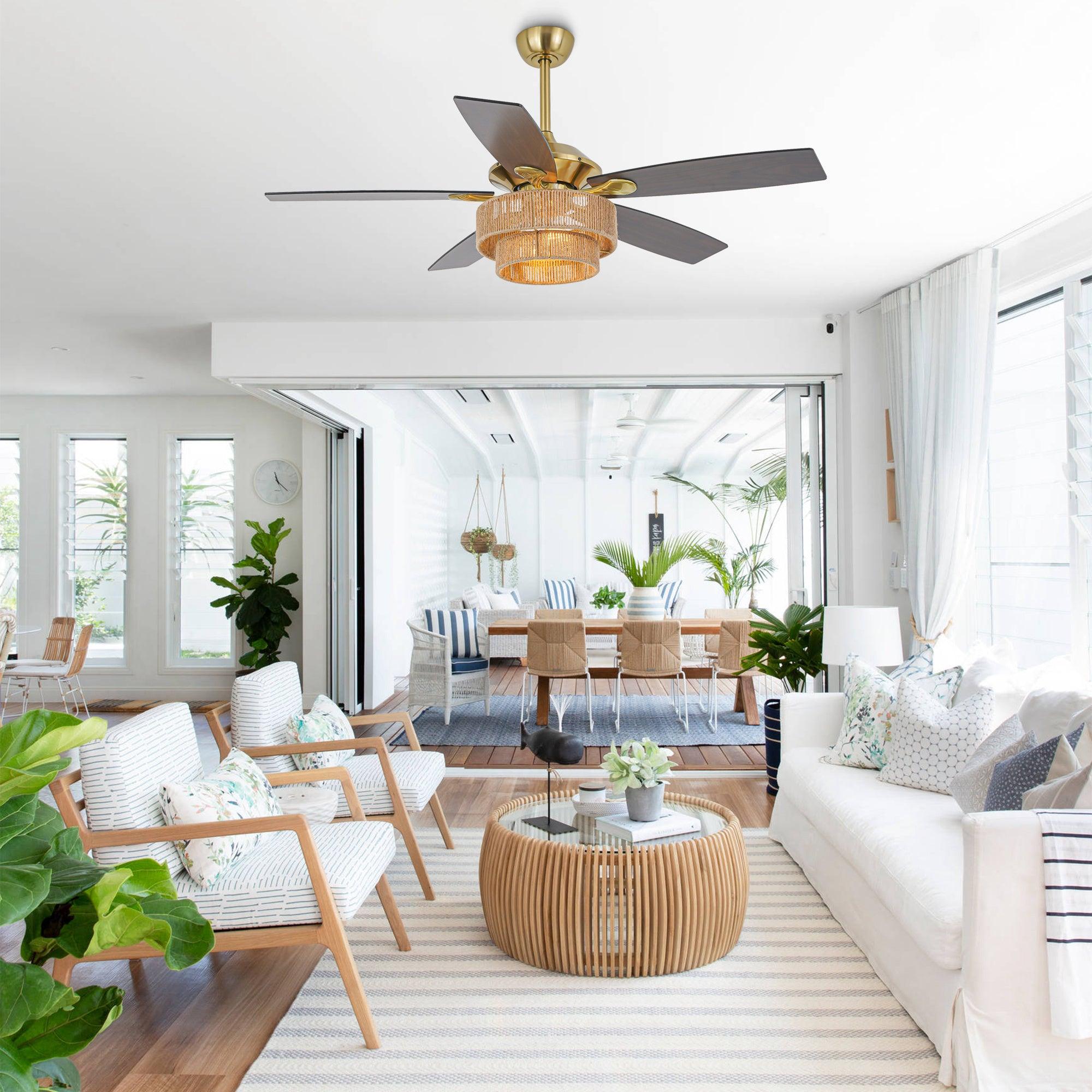52 Inch Danube Farmhouse Style Ceiling Fan with DC Motor, Golden Downrod & Integrated Light Kit - Perfect for Living Rooms, Bedrooms, and Outdoor Covered Patios
