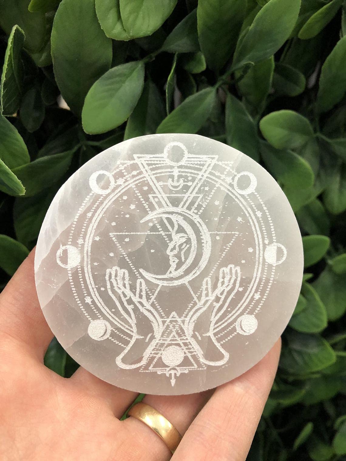 Etched Selenite Charging Plate with Moon Phases & Sacred Geometry - Crescent Moon Crystal Charger for Jewelry, Crystals & Spiritual Healing (E3335) | Perfect for Meditation, Reiki & Energy Cleansing