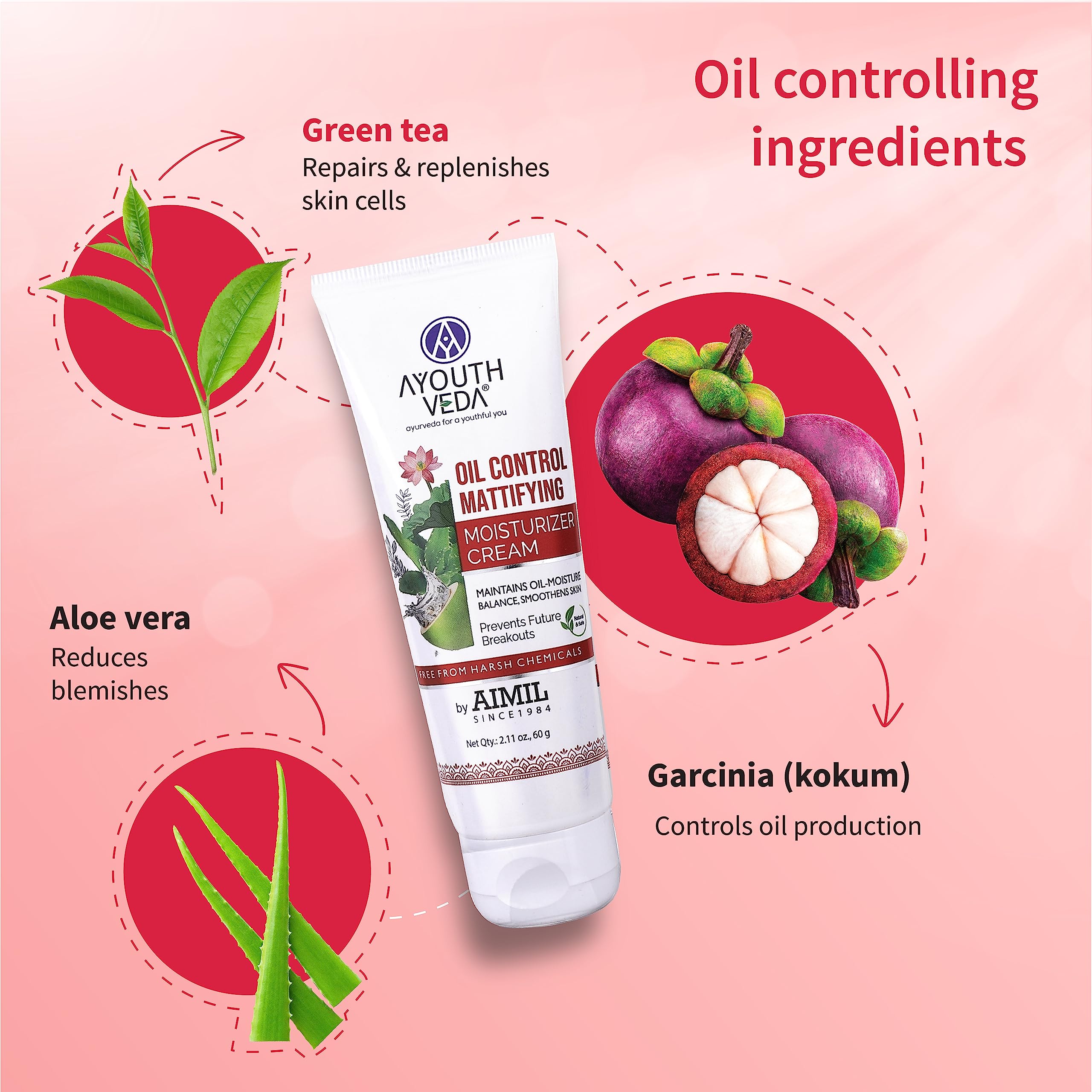 Ayouthveda Oil Control Mattifying Moisturizer Cream for Oily & Acne-Prone Skin - Green Tea, Aloe Vera & Coconut Water Formula to Reduce Redness & Breakouts | Hydrating Face Moisturizer for Men & Women | Pack of 3 (60g Each) | Perfect for Daily Skincare Routine & Travel