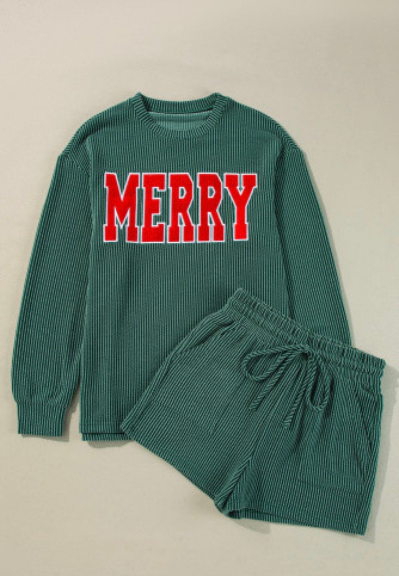 Women's Merry Ribbed Pullover and Shorts Set - Soft Green Knit Lounge Outfit for Casual Wear, Home Relaxing & Holiday Comfort