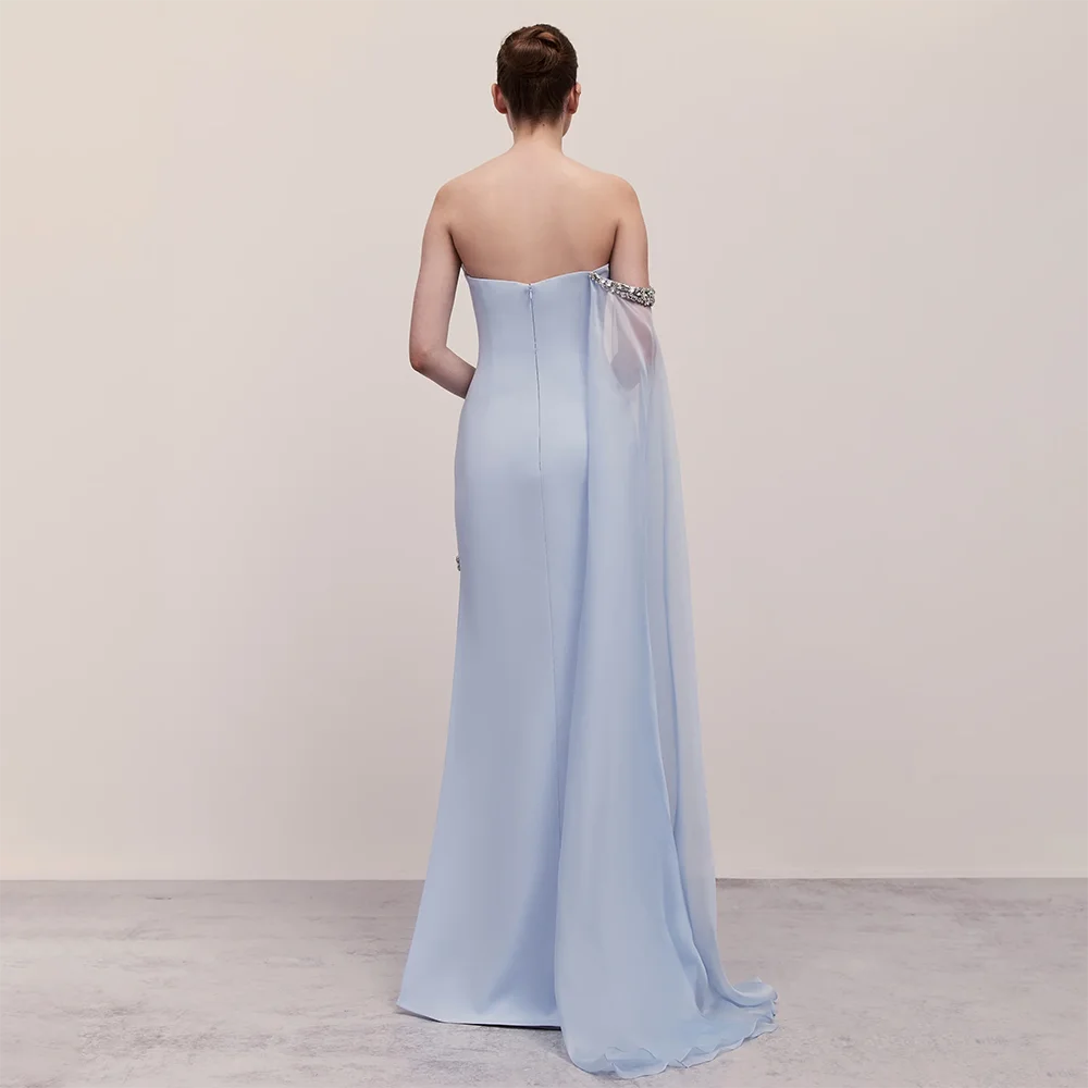 Elegant Blue Satin Mermaid Evening Dress with Beaded Cape Sleeve & High Slit - One Shoulder Party Gown for Women | Perfect for Prom, Gala & Formal Events - SERENE HILL LA72504