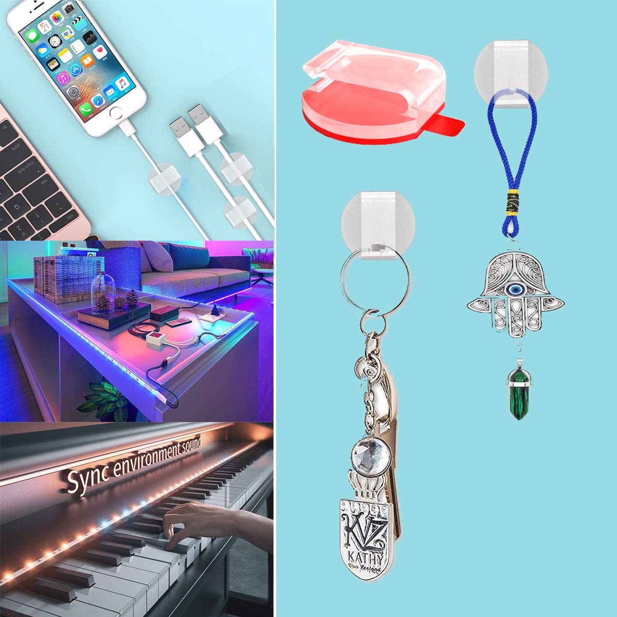 100 Pack Clear Self-Adhesive LED Strip Light Mounting Clips - 8mm/10mm/12mm Universal Fixing Clamps with Hooks for USB Cable Wires Organizer - Perfect for Under Cabinet Lighting, Home Theater Setup & DIY LED Projects