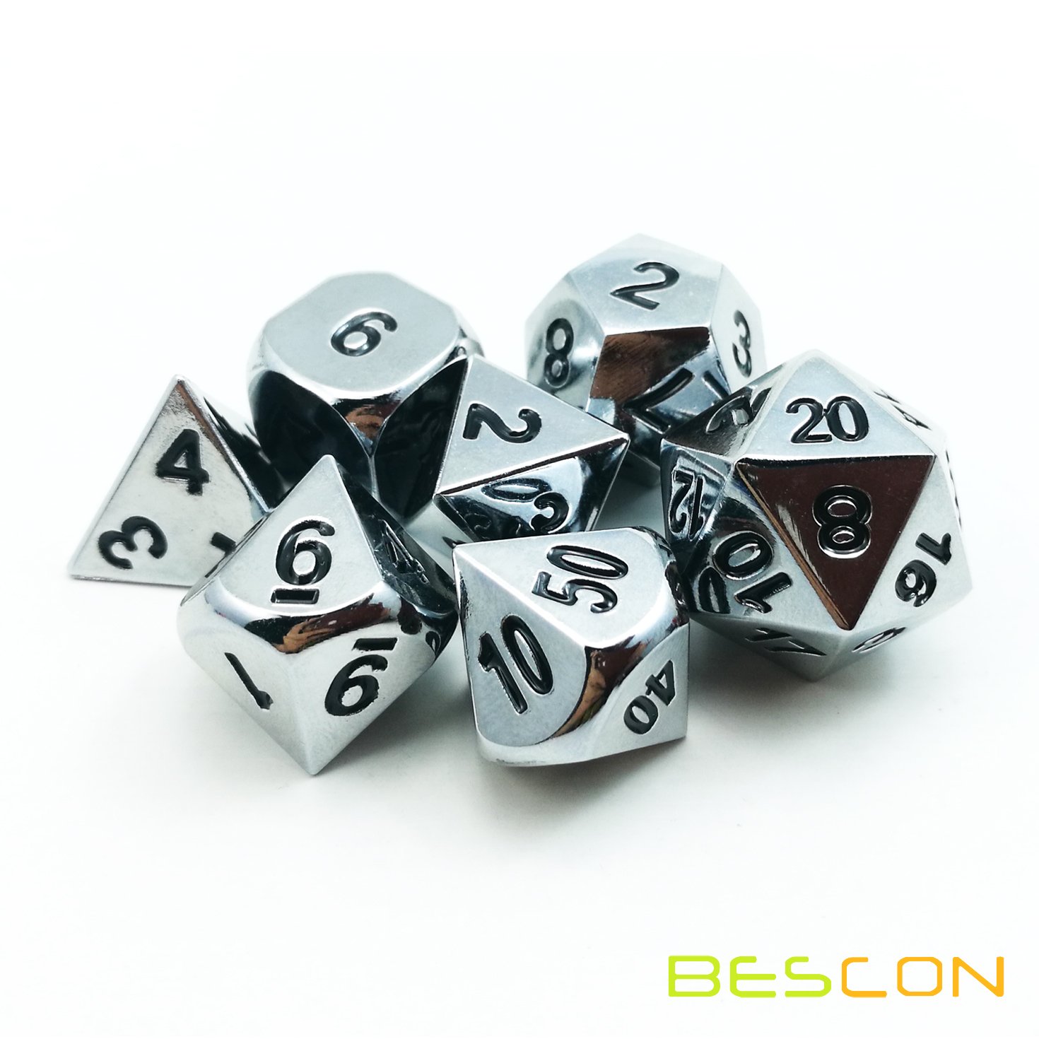 Bescon Super Shiny Gloss Silver Metal 7-Piece Polyhedral Dice Set - Chrome RPG Game Dice for Dungeons & Dragons, Pathfinder, and Tabletop Roleplaying Games