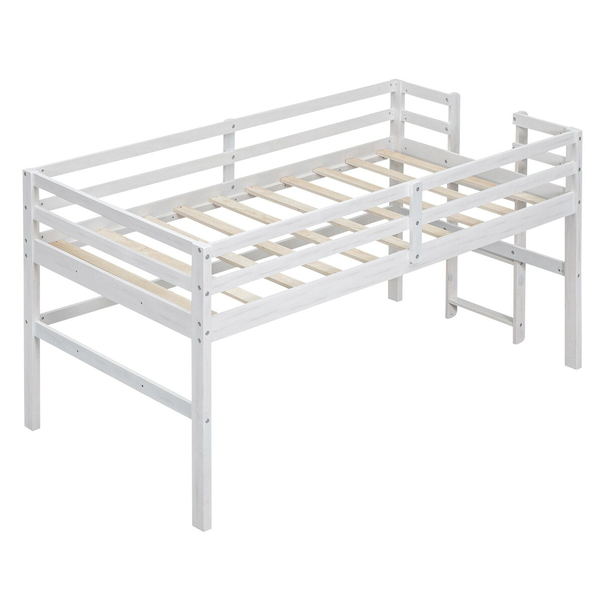 Antique White Wood Twin Loft Bed with Side Ladder - Space-Saving Kids Bedroom Furniture for Small Rooms & Dorm Decor