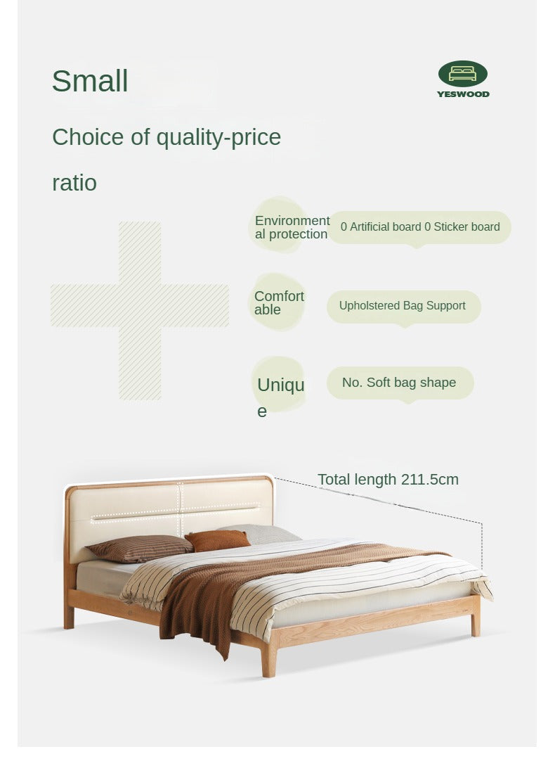 Solid Oak Wood Leather Upholstered Soft Bed - Queen Size, Modern Platform Bed Frame with Headboard for Bedroom, Living Room, Guest Room
