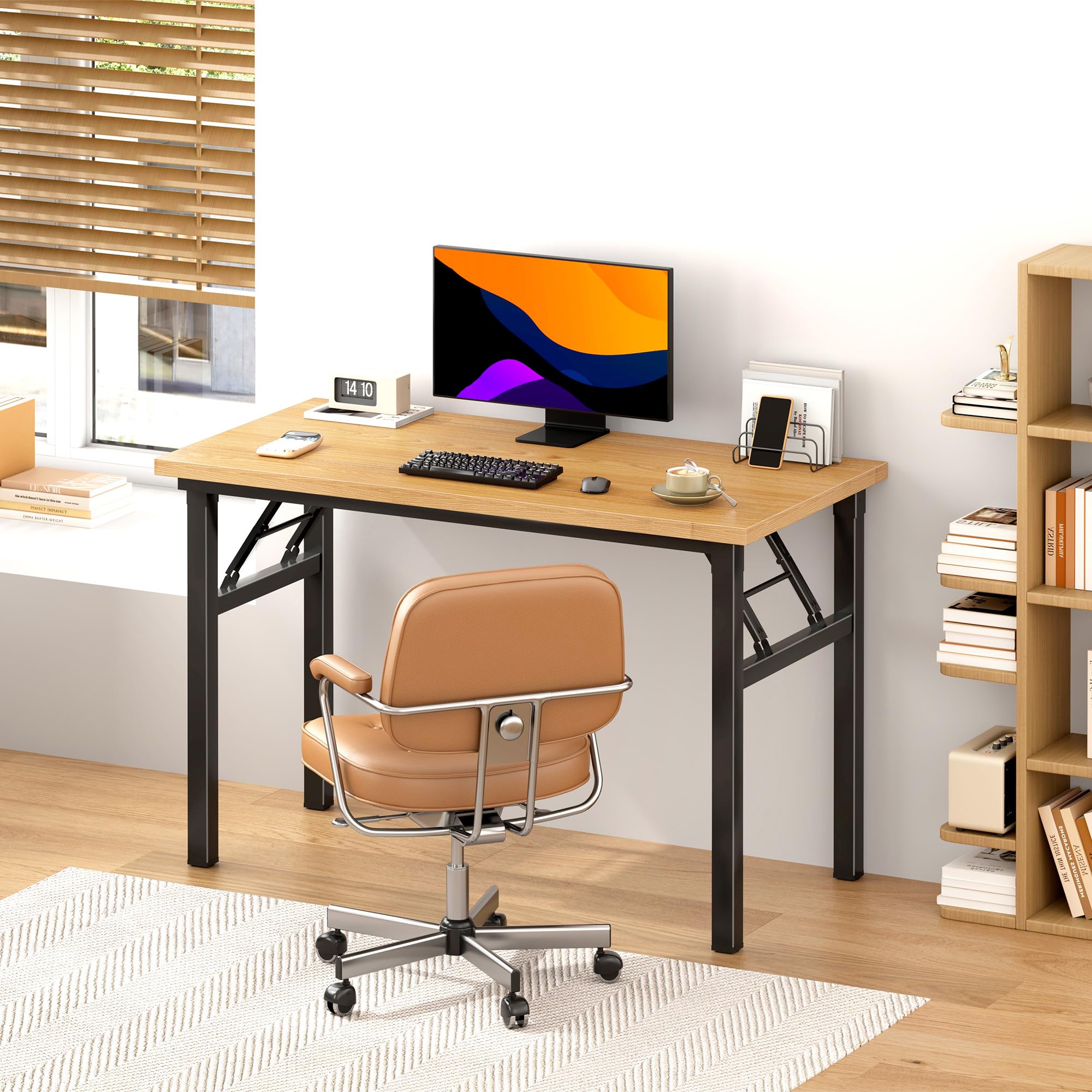 DLandHome 39.4 Inch Folding Computer Desk - Space Saving Writing Desk for Small Spaces, Study Table & Laptop Workstation (Teak & Black, No Assembly Required) - Perfect for Home Office, Dorm Room & Small Apartments