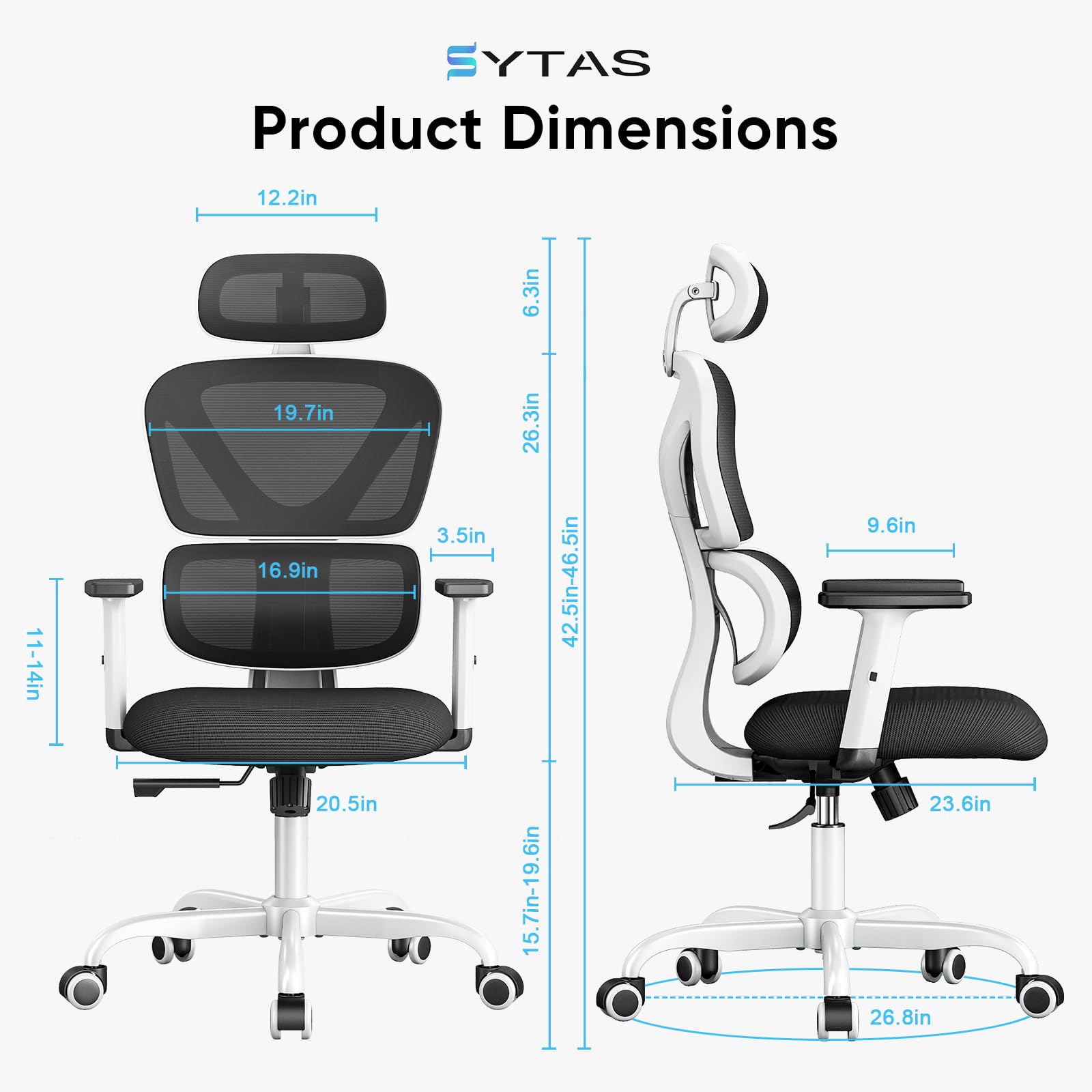 Sytas Ergonomic Office Chair - High Back Mesh Computer Chair with Adjustable Lumbar Support & Headrest, Swivel Executive Desk Chair with Tilt Function for Home Office (White) - Perfect for Long Work Hours, Gaming & Remote Work