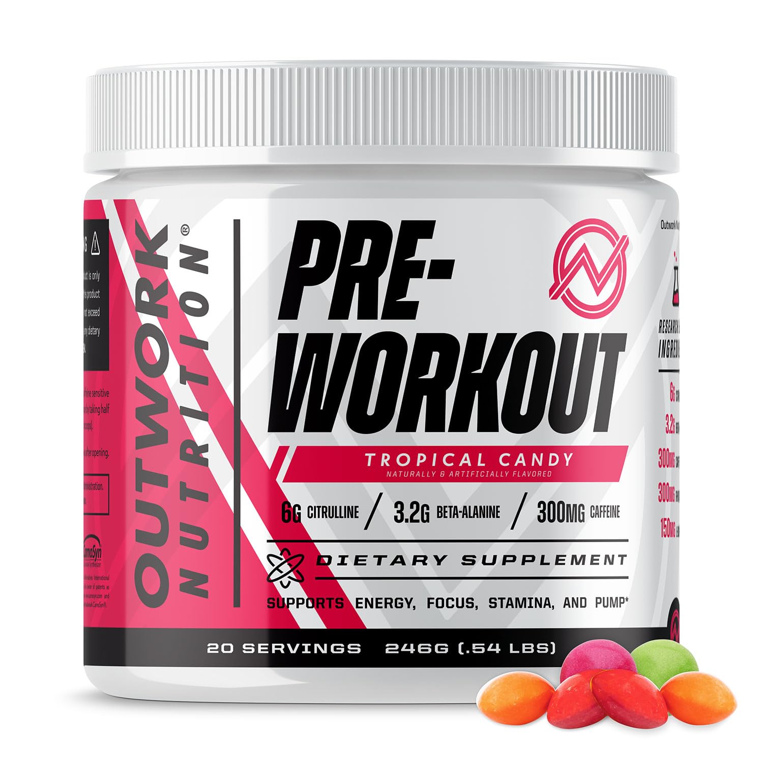 Outwork Nutrition Pre-Workout Powder for Men & Women - Caffeine, Citrulline Malate, Beta Alanine | Creatine-Free Energy Boost with Nootropics | Ideal for Gym, Weightlifting & Endurance Training (Tropical Candy Flavor)