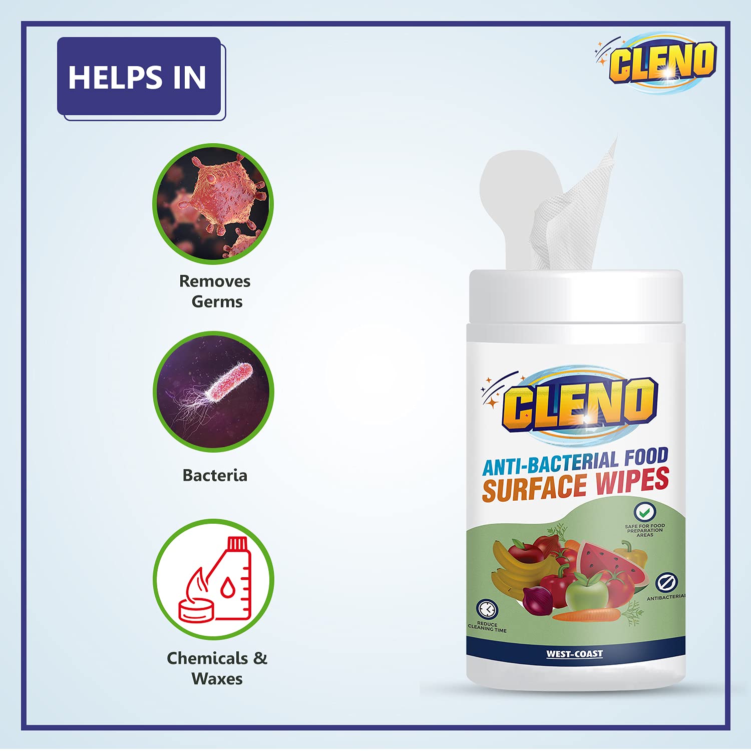 Cleno Antibacterial Food Surface Wet Wipes - 50 Count | Kills Germs & Bacteria | Safe for Fruits, Vegetables, Milk Packs & Dishes | Removes Chemicals & Waxes | Perfect for Kitchen, Picnics & Travel
