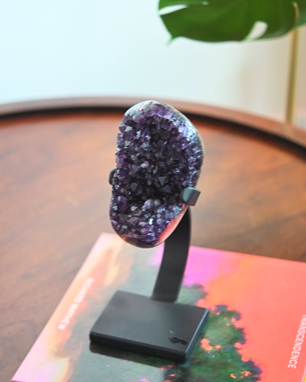 Natural Amethyst Crystal Geode on Wooden Stand - 3.7lbs Healing Stone for Home Decor, Meditation & Spiritual Gifts