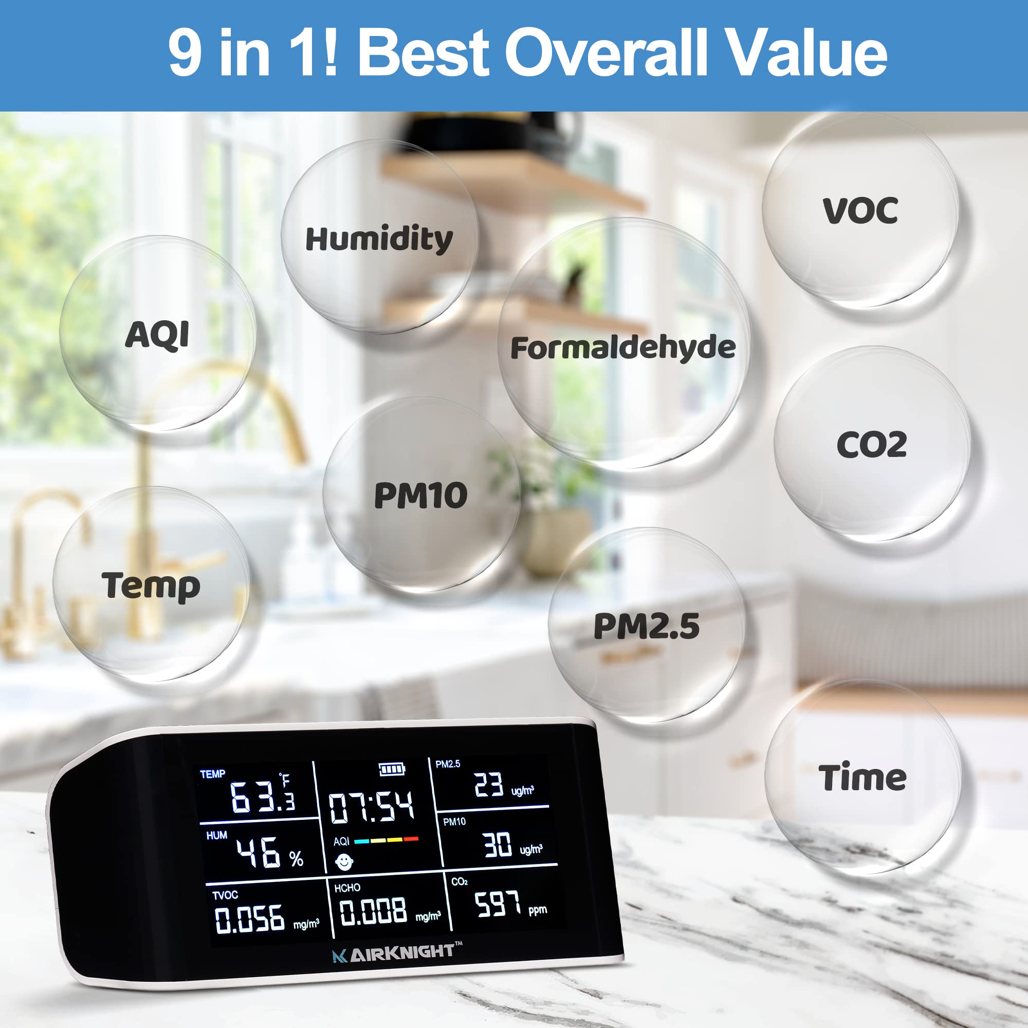 **AirKnight 9-in-1 Indoor Air Quality Monitor – VOC, CO2, Formaldehyde (HCHO), AQI, PM2.5/PM10, Temp & Humidity Sensor | Real-Time Air Pollution Detector for Home, Office & Nursery | Improve Indoor Air Safety & Comfort**