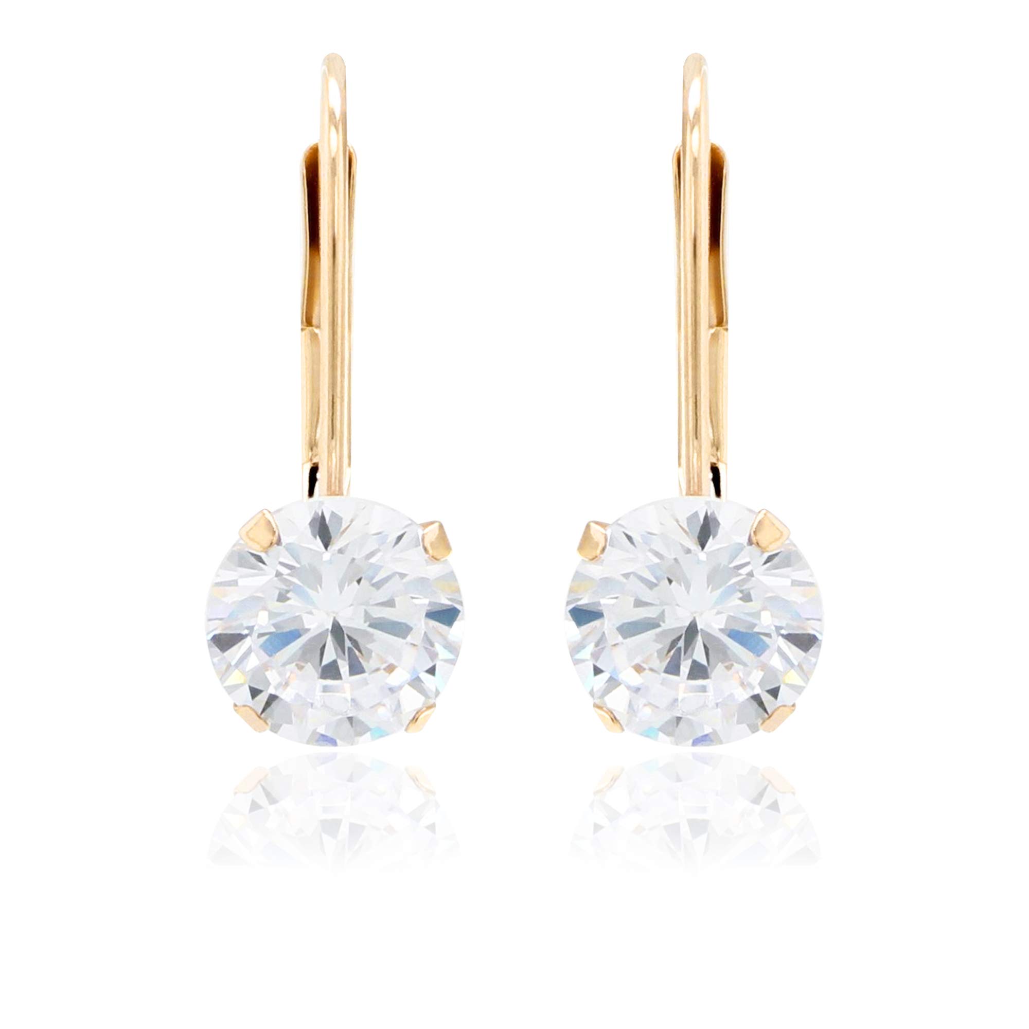 14K Yellow Gold Dangle Earrings with Round Cubic Zirconia Stones & Secure Leverback Clasp - Elegant Everyday Jewelry for Women, Perfect for Parties, Weddings & Special Occasions