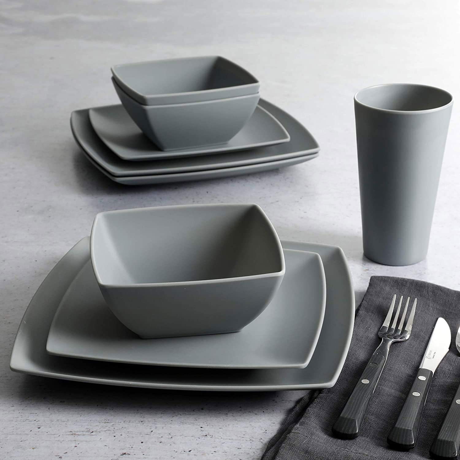 Gibson 99897.16R 16-Piece Melamine Dinnerware Set - Square Plates, Bowls & Cups - Dishwasher Safe Reactive Glaze Grey (4 Pack) - Perfect for Everyday Use, Outdoor Dining, and Durable Tableware for Restaurants