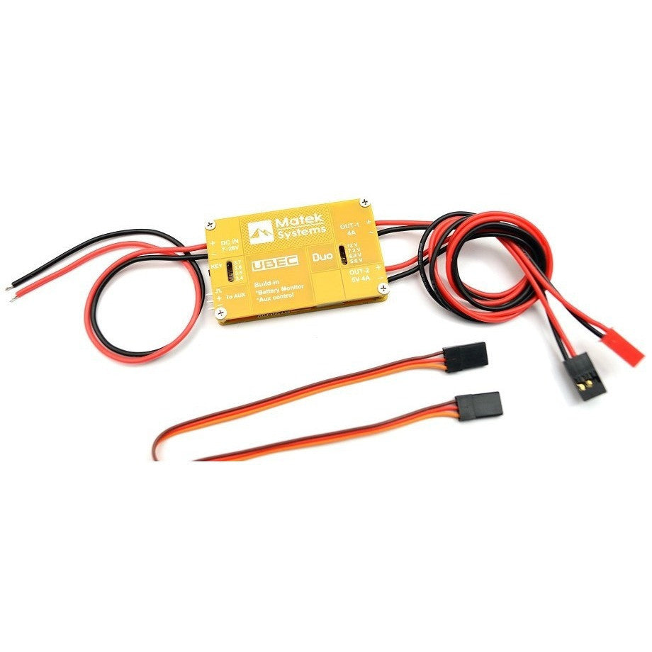 Matek UBEC Duo 4A/5-12V Dual Output BEC with Auxiliary Channel Switch & Low Voltage Alarm for RC Drones, FPV, and DIY Electronics Projects