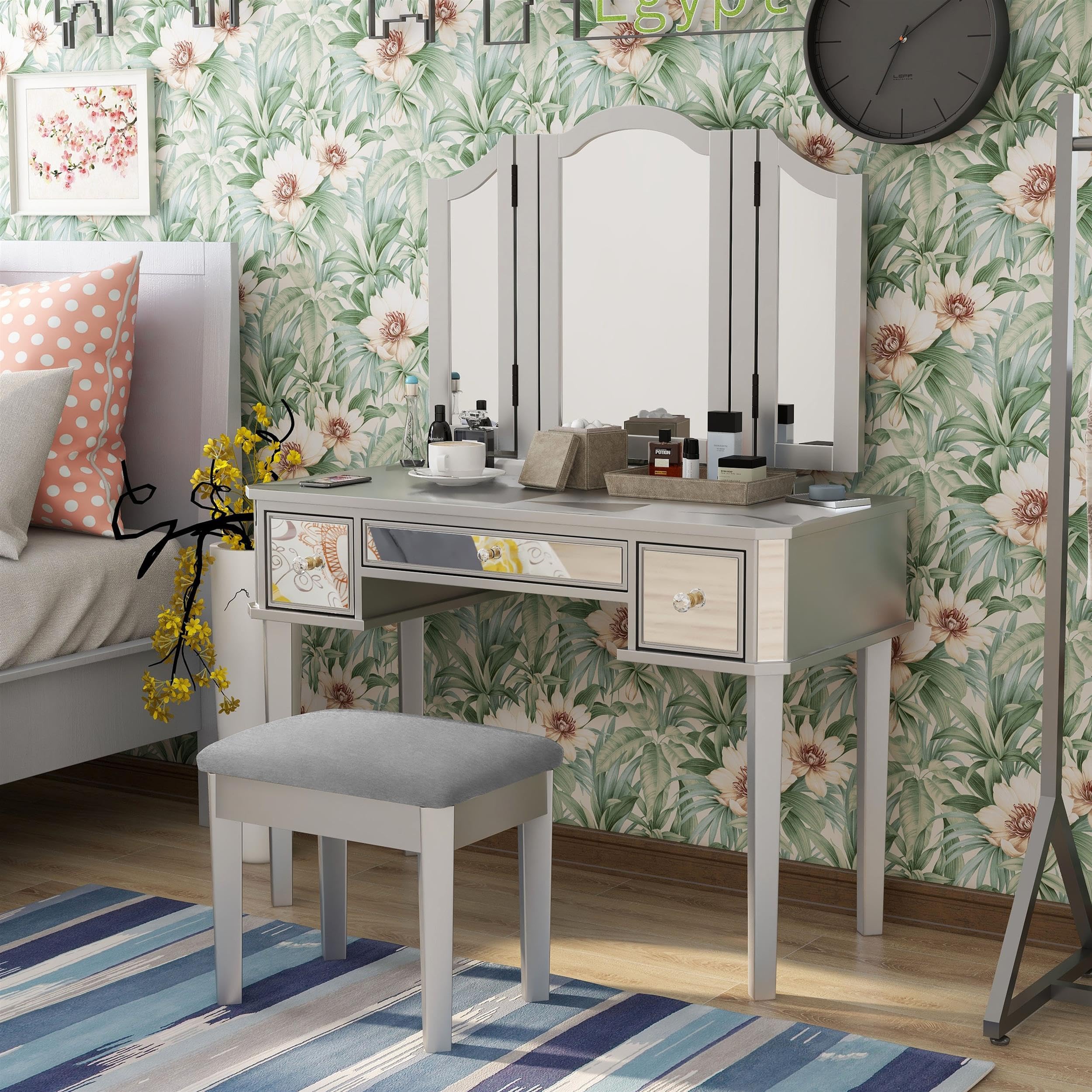 Furniture of America Buete Contemporary Wood 3-Piece Vanity Set in Silver - Modern Dressing Table with Stool & Mirror for Bedroom Makeup & Styling