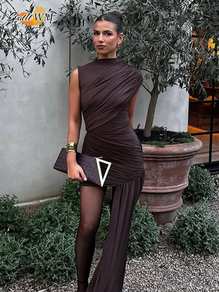 Elegant Brown Pleated Mini Dress for Women - Ruched Turtleneck Sleeveless Slim Fit Summer Party Dress | Perfect for Club Nights, Date Nights & Special Occasions