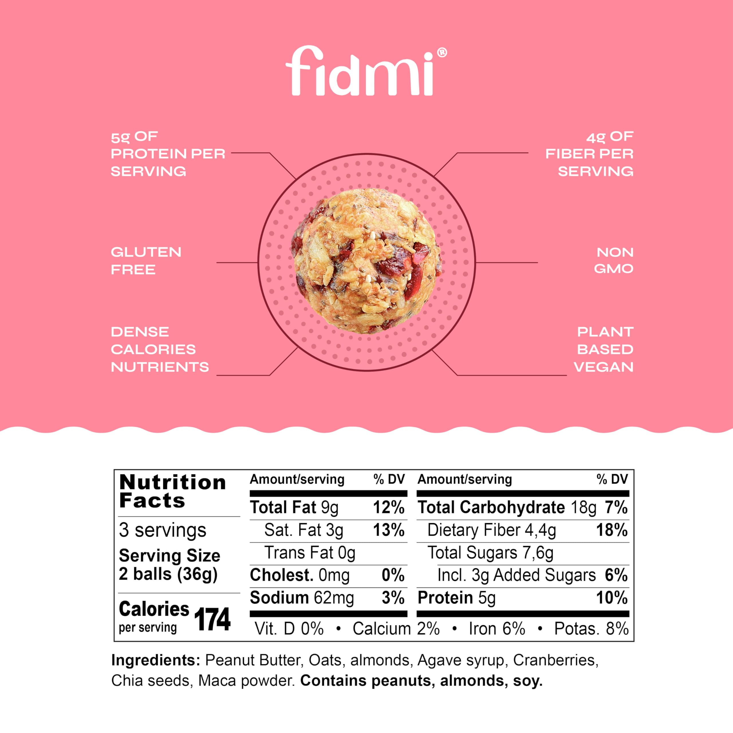 Fidmi Vegan Protein Energy Balls with Cranberries & Maca | Gluten Free, Plant Based Superfood Snack | All Natural Ingredients | 3.8oz (3 Count) | Perfect for Post-Workout, Hiking & Healthy On-The-Go Snacking