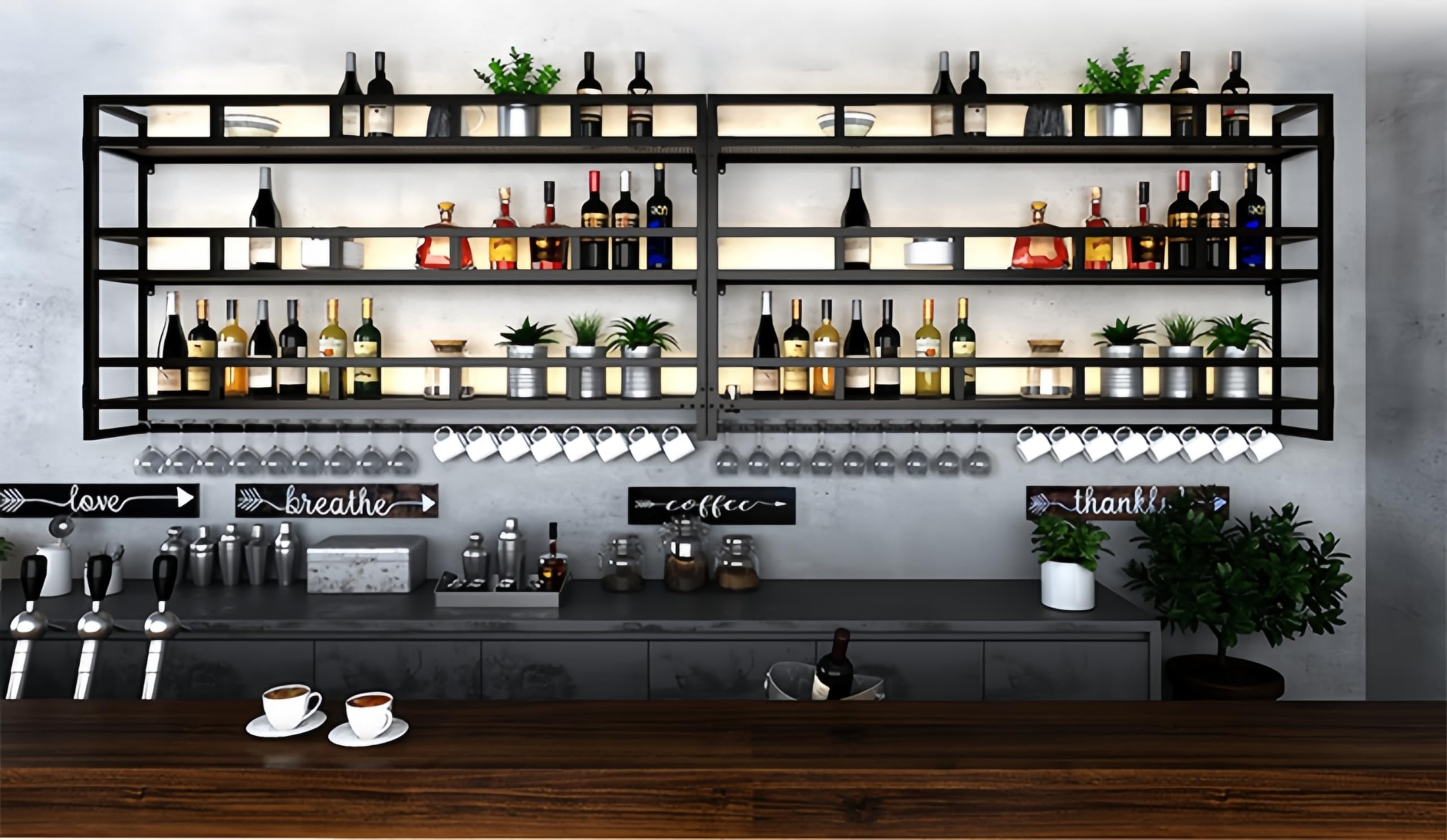31 Inch Black Metal Wall Mounted Wine Rack with LED Lights - 3-Tier Bar Shelf for Liquor Bottles, Hanging Mugs & Wine Glasses - Perfect for Home Bars, Kitchen Decor & Entertaining Spaces