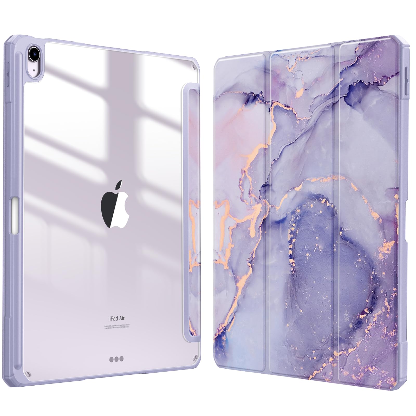 Fintie Hybrid Slim Case for iPad Air 13-inch (M3) 2025 / (M2) 2024 - Shockproof Protective Cover with Clear Transparent Back & Built-in Apple Pencil Holder - Lilac Marble Design - Perfect for Work, Study and Travel Protection