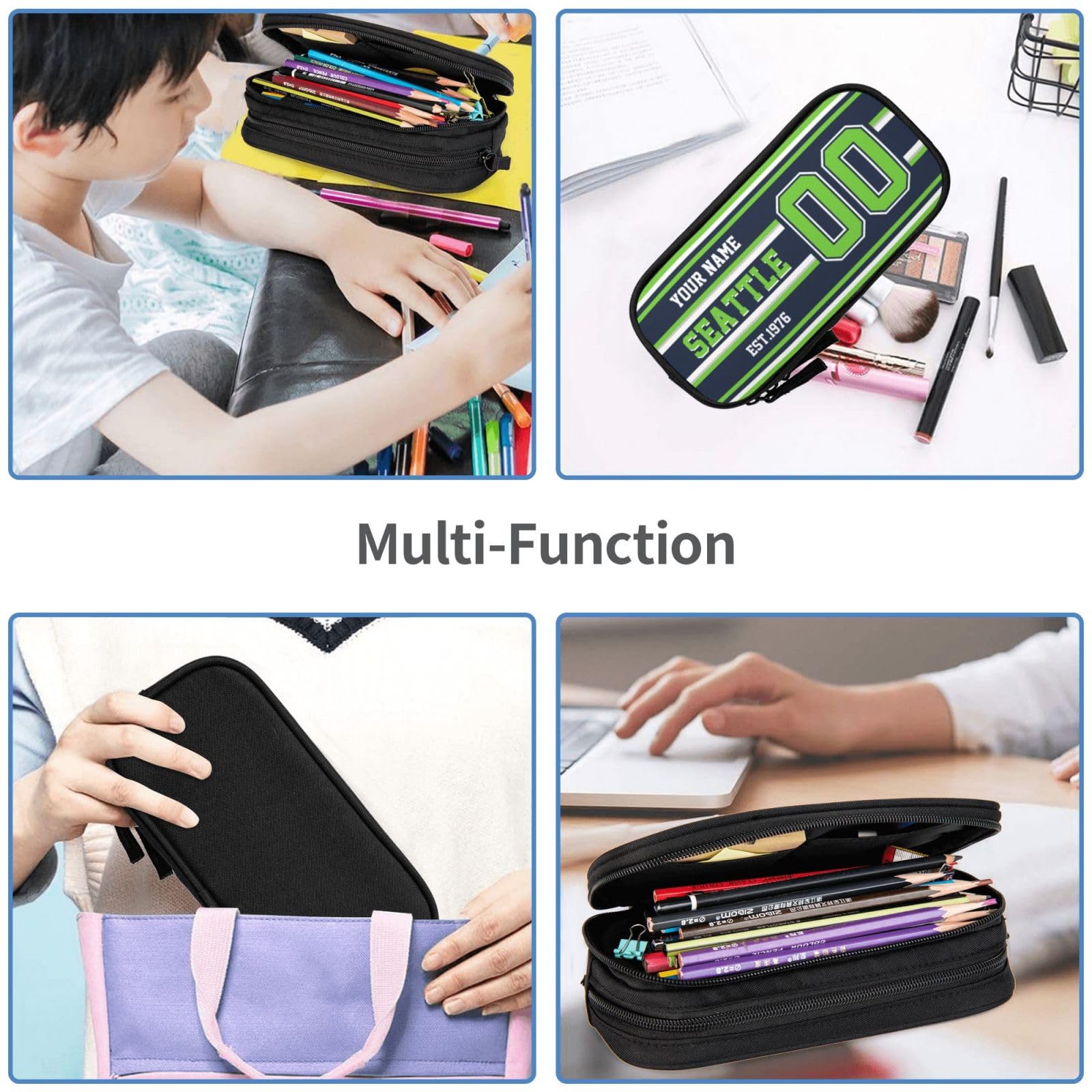 Custom Seattle Seahawks Pencil Case with Name & Number - Personalized Football Themed Pen Holder - Unique Gift for NFL Fans (Men, Women, Students) - Perfect for School, Office & Game Day Accessories
