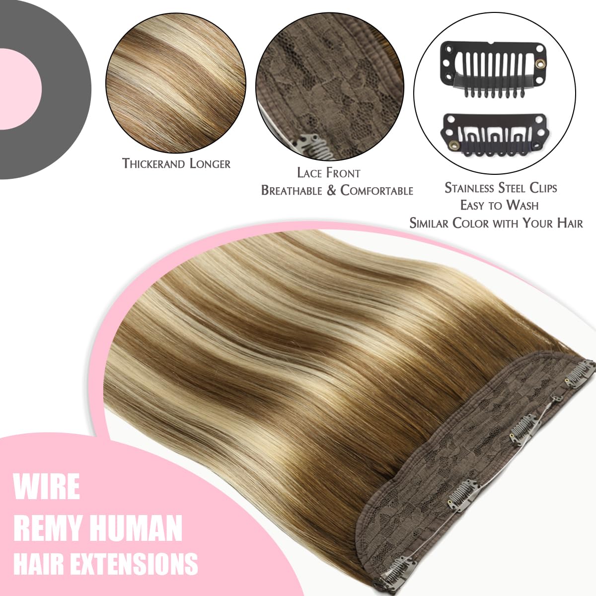 SURNEL 18 Inch 80g Real Human Hair Extensions - Balayage Walnut Brown to Ash Brown & Golden Blonde Wire Hair Extensions for Women | Perfect for Daily Wear, Parties & Special Occasions
