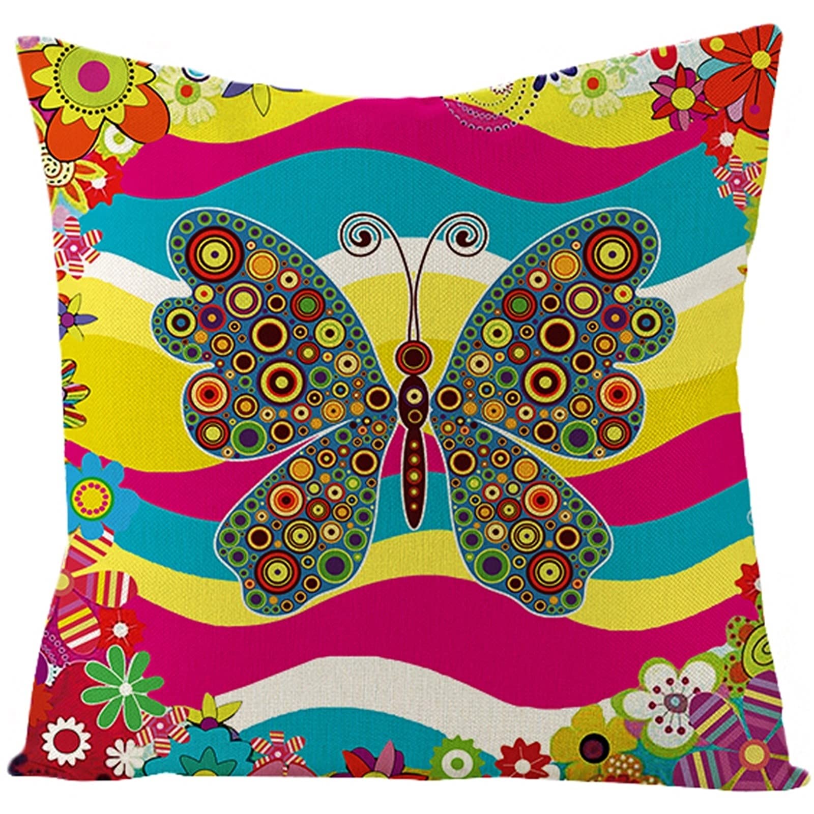 Daesar Decorative Throw Pillow Covers 16x16 Inches (40x40CM) - Colorful Butterfly Floral Linen Pillowcase for Sofa, Bed, Couch - 1PC Home Decor Accent