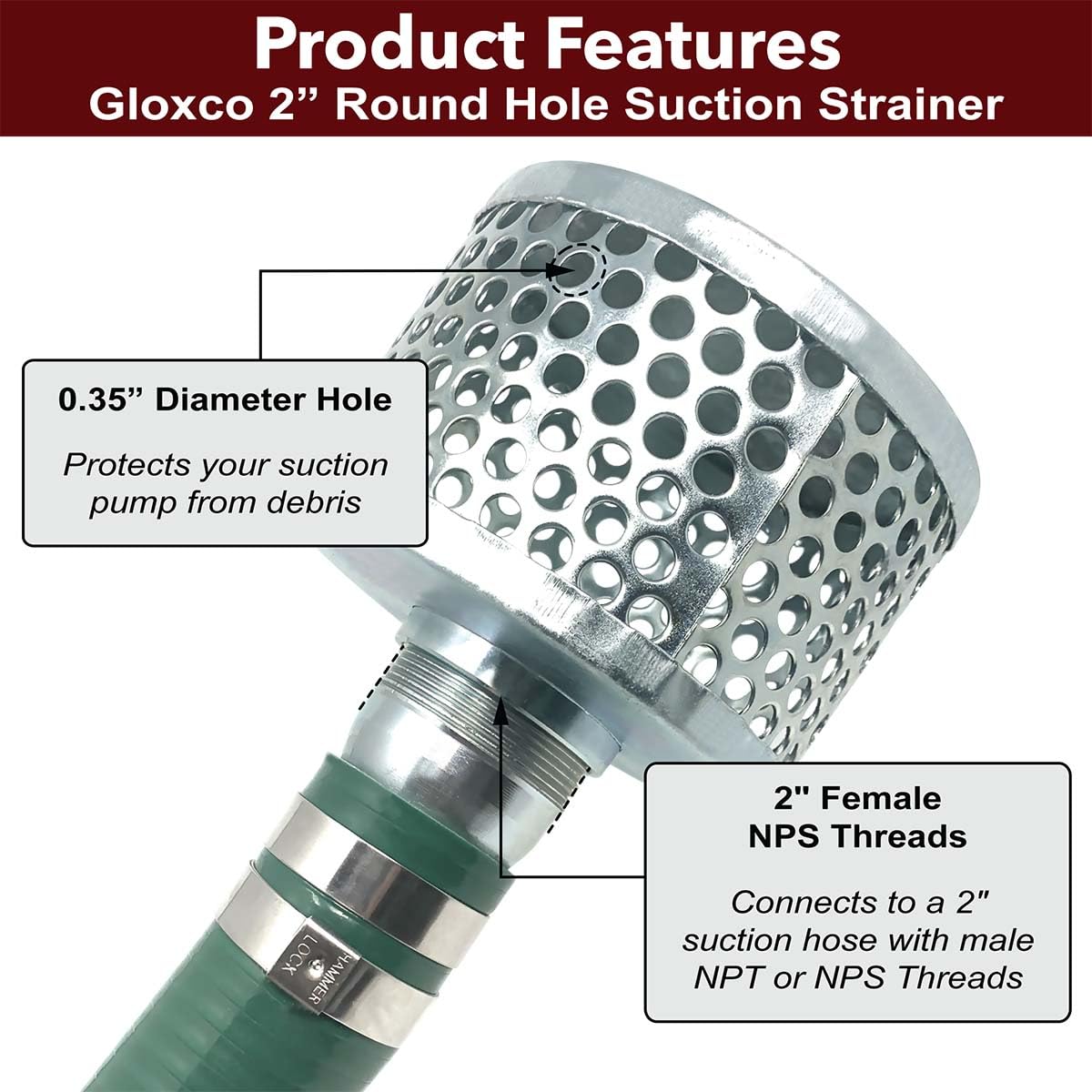 Gloxco 2 Inch Suction Strainer with Round Holes - Zinc Plated Steel Filter for Pumps, Pools & Plumbing - Durable Water Filtration Solution (STR-RH200)